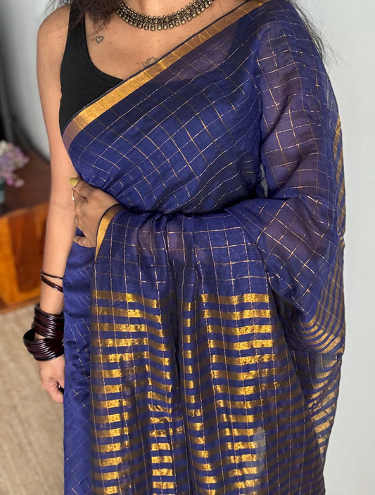 Dark blue mul with gold checks and zari border - YCBCMCJA04