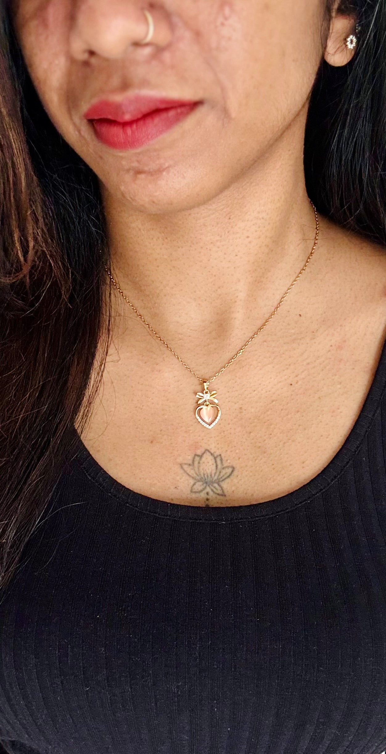 Gold plated chain, pink stone, heart pendant - YCGPC251
