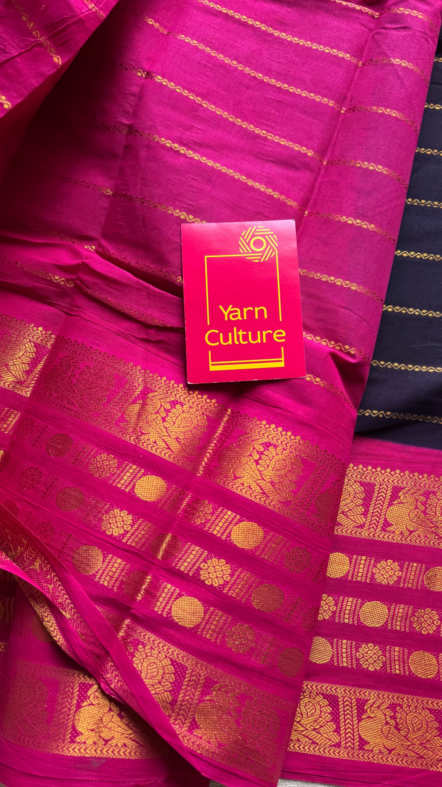 Dark blue with hot pink, peacock rudraksham motif, single side broad zari - madurai kattuchayam dyed - YCCOTNAUS24