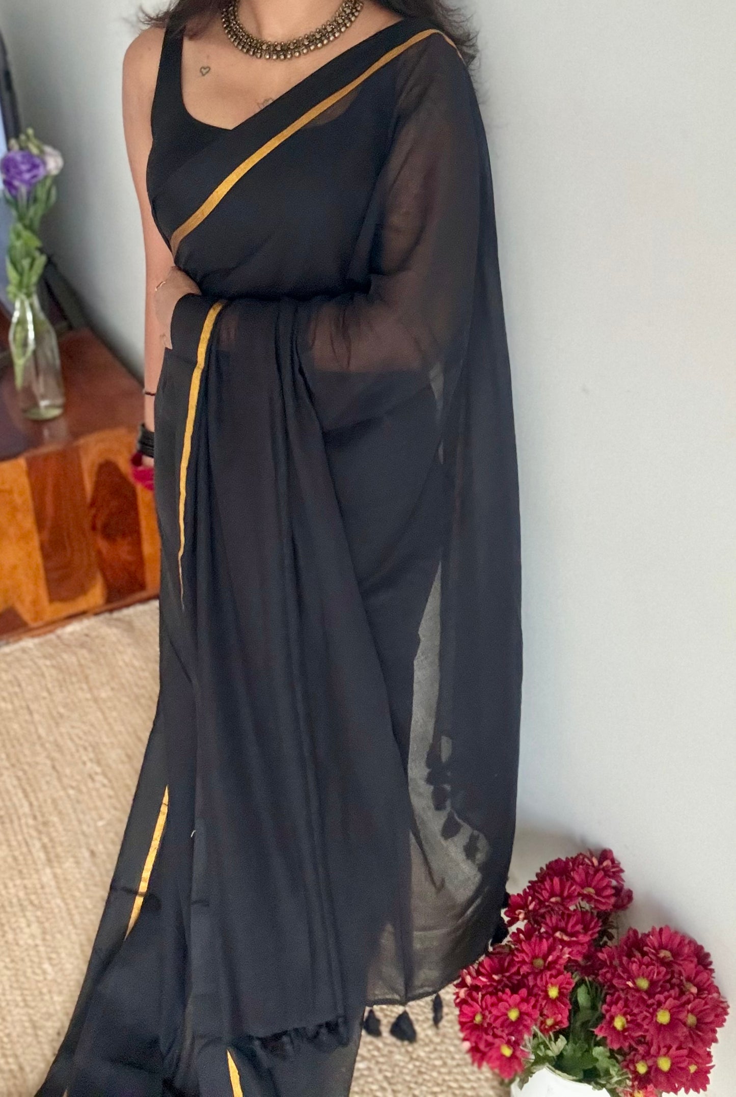 Black mul, thin antique gold zari gap border- YCBCMCLSE37