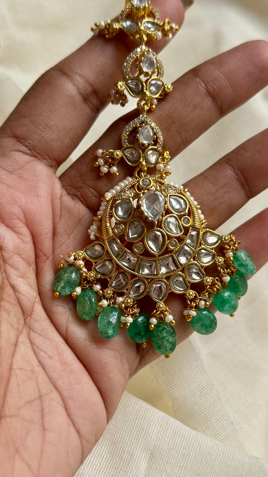 White and green kundan maang tikka - YCAGMT288