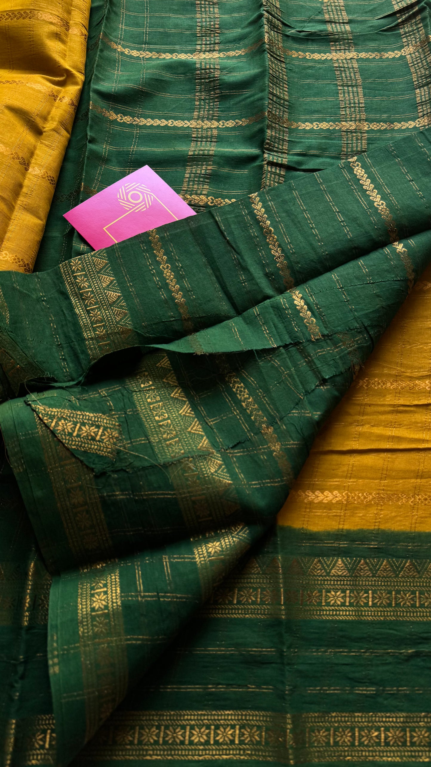 Ginger yellow with dark green, Adayar checks with velthaari pattern, madurai cotton - YCCOTNOCSC04