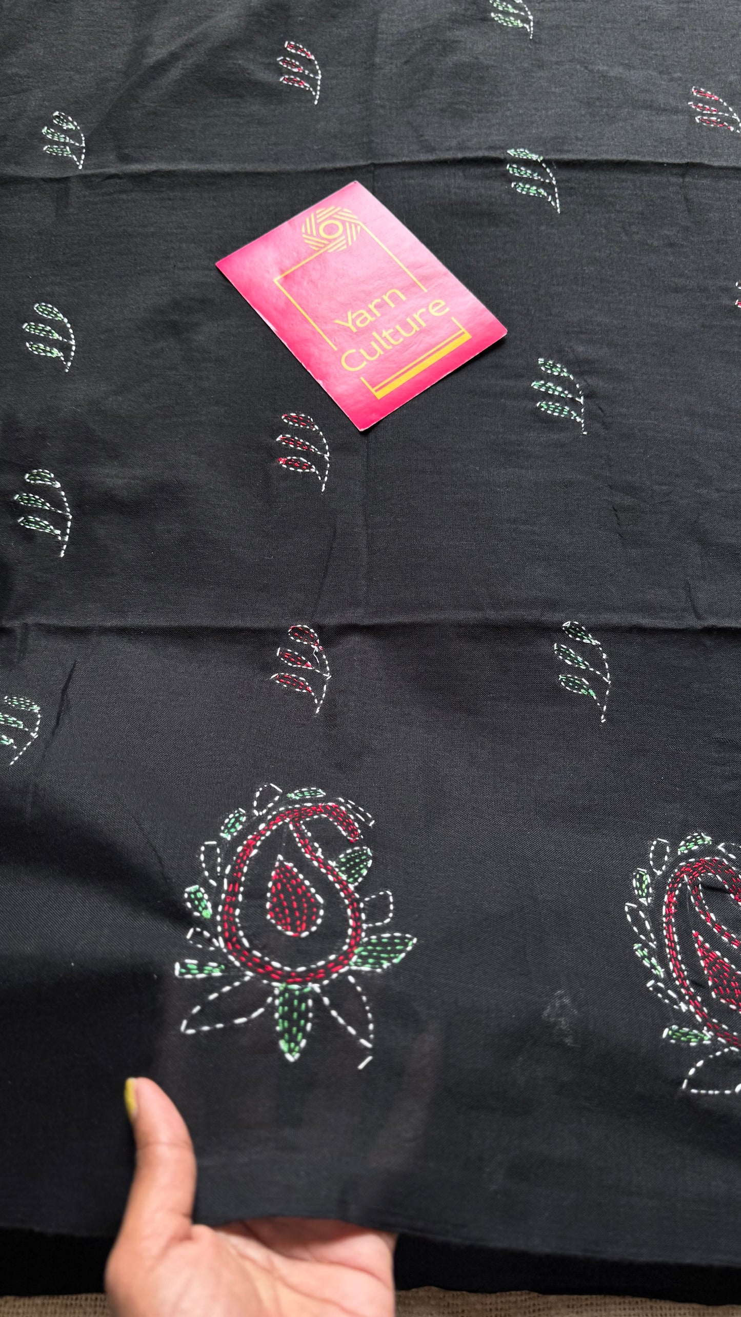 Kaaj Kaalo (কাজ কালো) - Embroidered Black, kantha weave in soft khadi cotton - YCBCSEKC08
