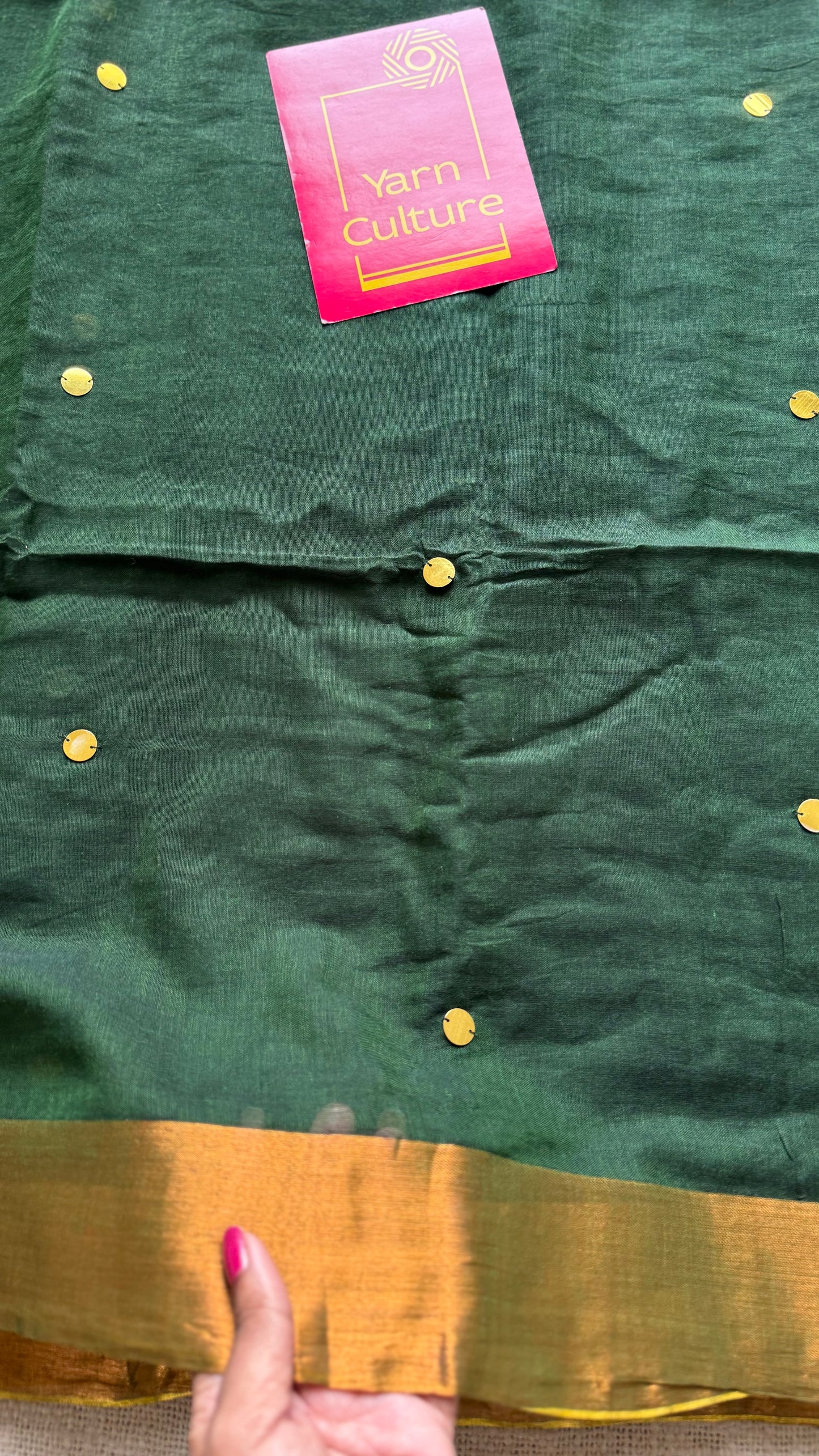 Dark green mul with sequins and copper zari border - YCBCMCLSE08
