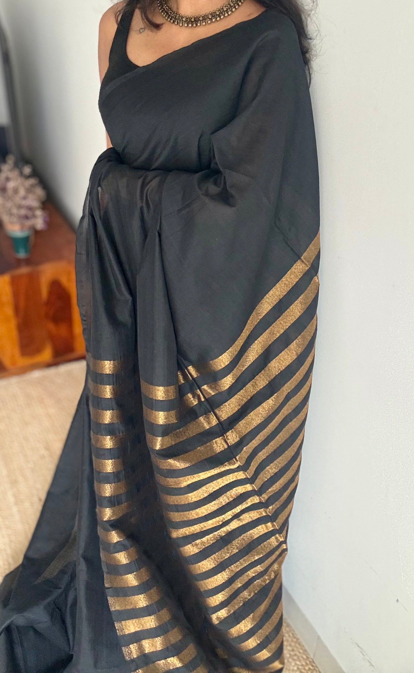 Black khadi with antique gold pallu - YCBCKZPSE01