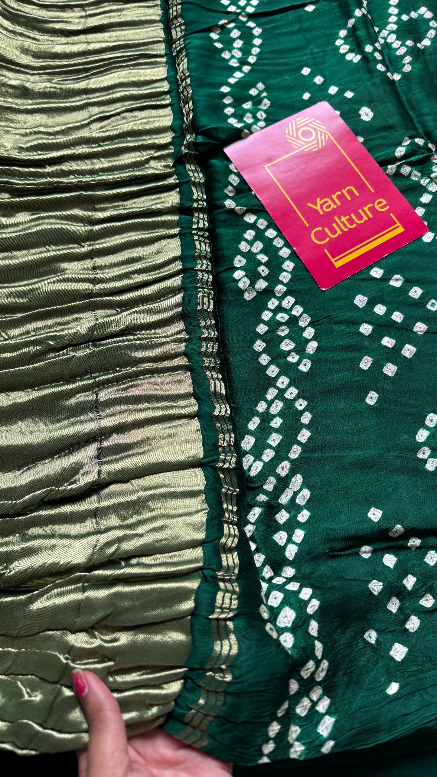 Green crushed bandhani modal silk with lagdi patta (zari pallu) - YCDESE30