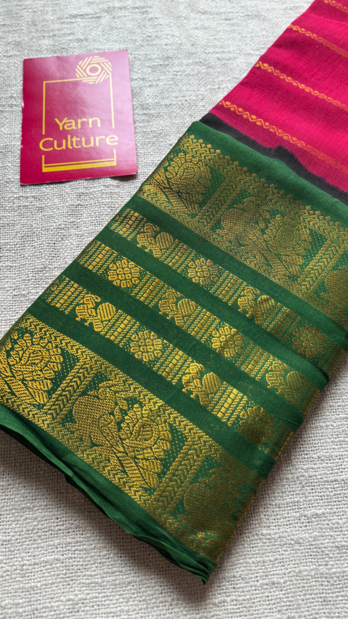 Reddish pink with green, peacock rudraksham motif, single side broad zari - madurai kattuchayam dyed -YCCOTNAURS19