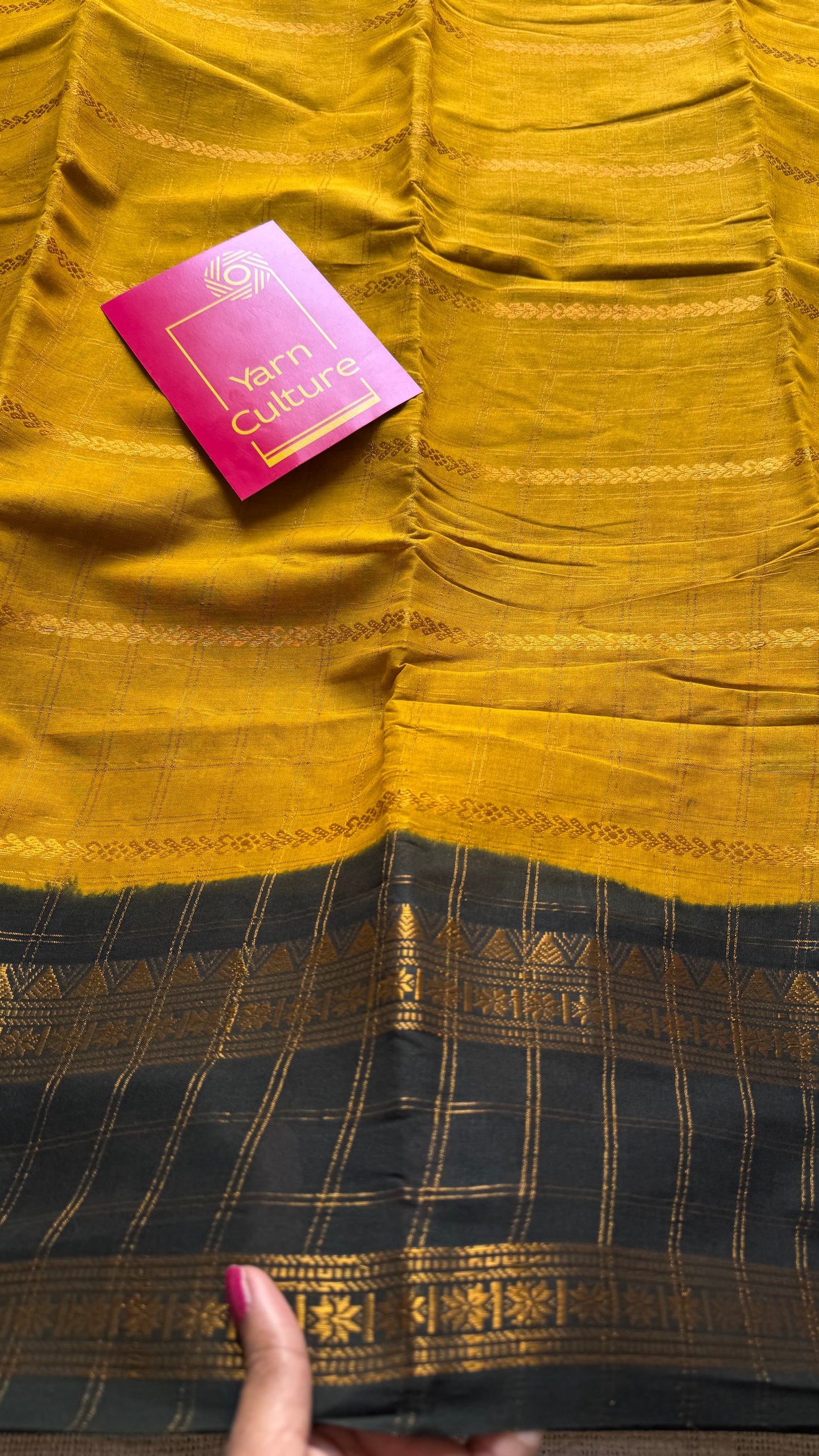 Ginger yellow with black, Adayar checks with velthaari pattern, madurai cotton - YCCOTNOCSC06