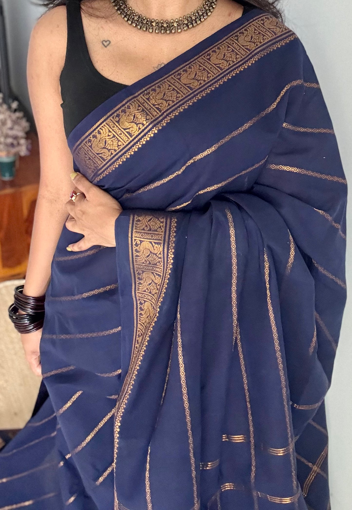 Dark blue veldhaari, kattuchayam dyed, madurai cotton - YCCOTNSEMS83