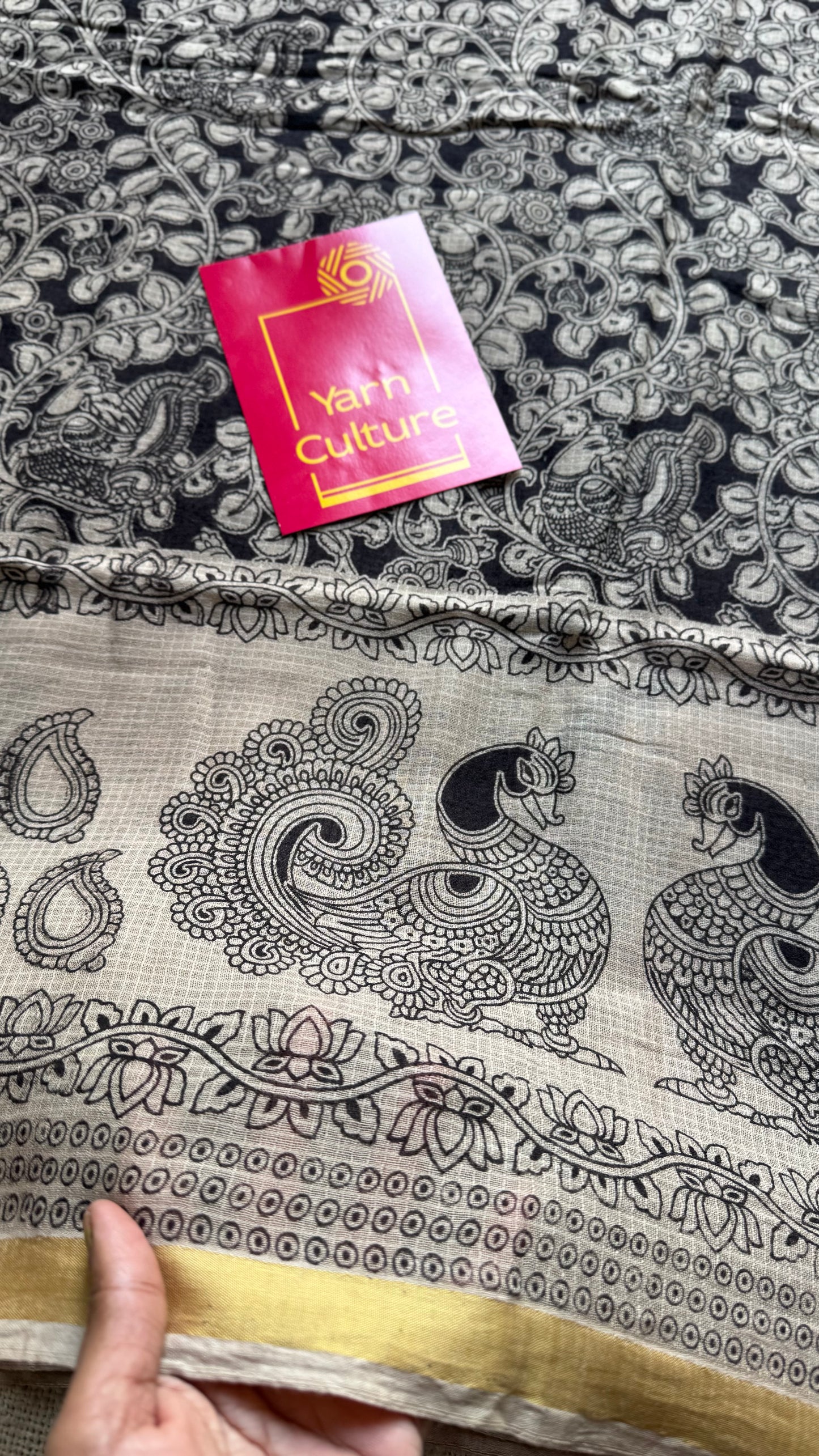 Black cream floral kalamkari saree in kota, with zari border - YCWOTDKKFE19