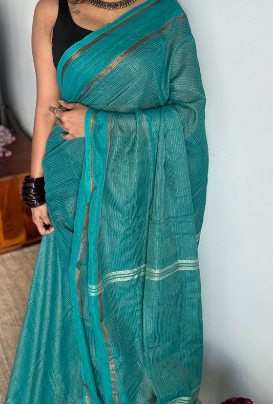 Aqua green, gap border, copper zari stripes, soft cotton - YCBCKCZDE127