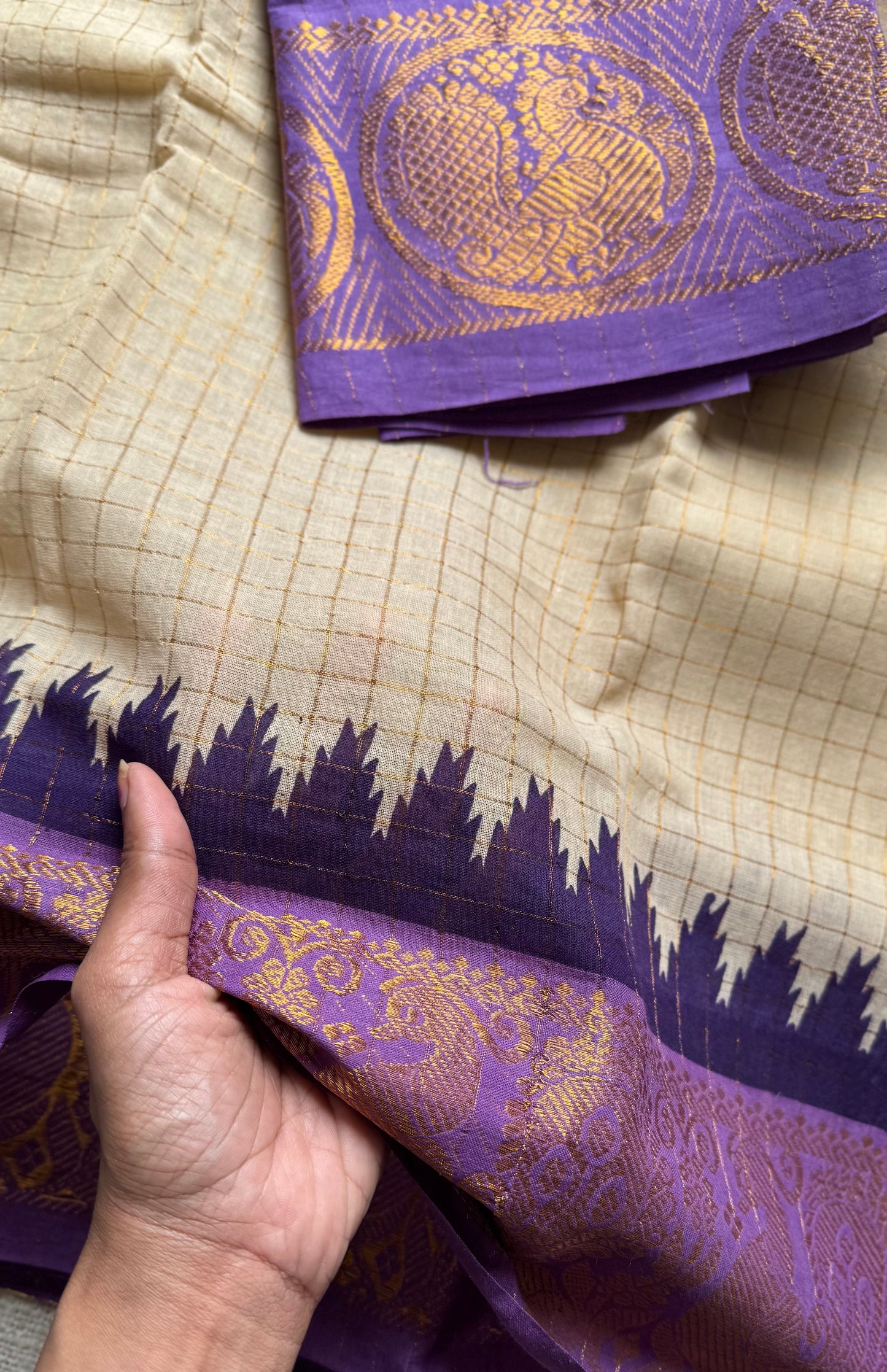 Pink - violet sungudi cotton checks, sandal colour base, soft cotton - YCCOTNJSUN03