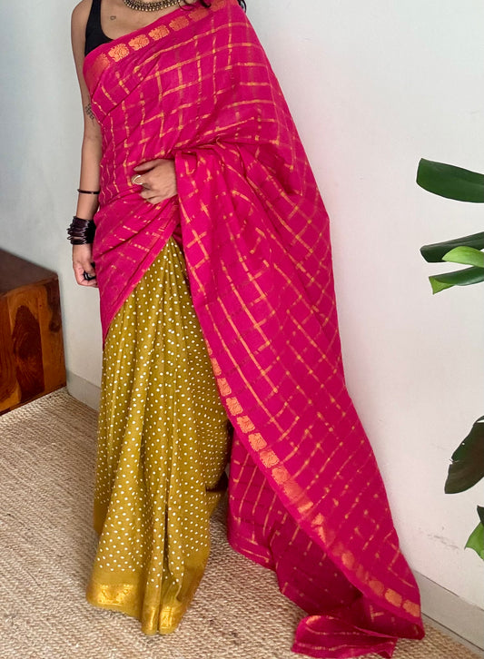 Hot pink with mehendi green, sungudi cotton half-half saree - YCCOTNIDOC18