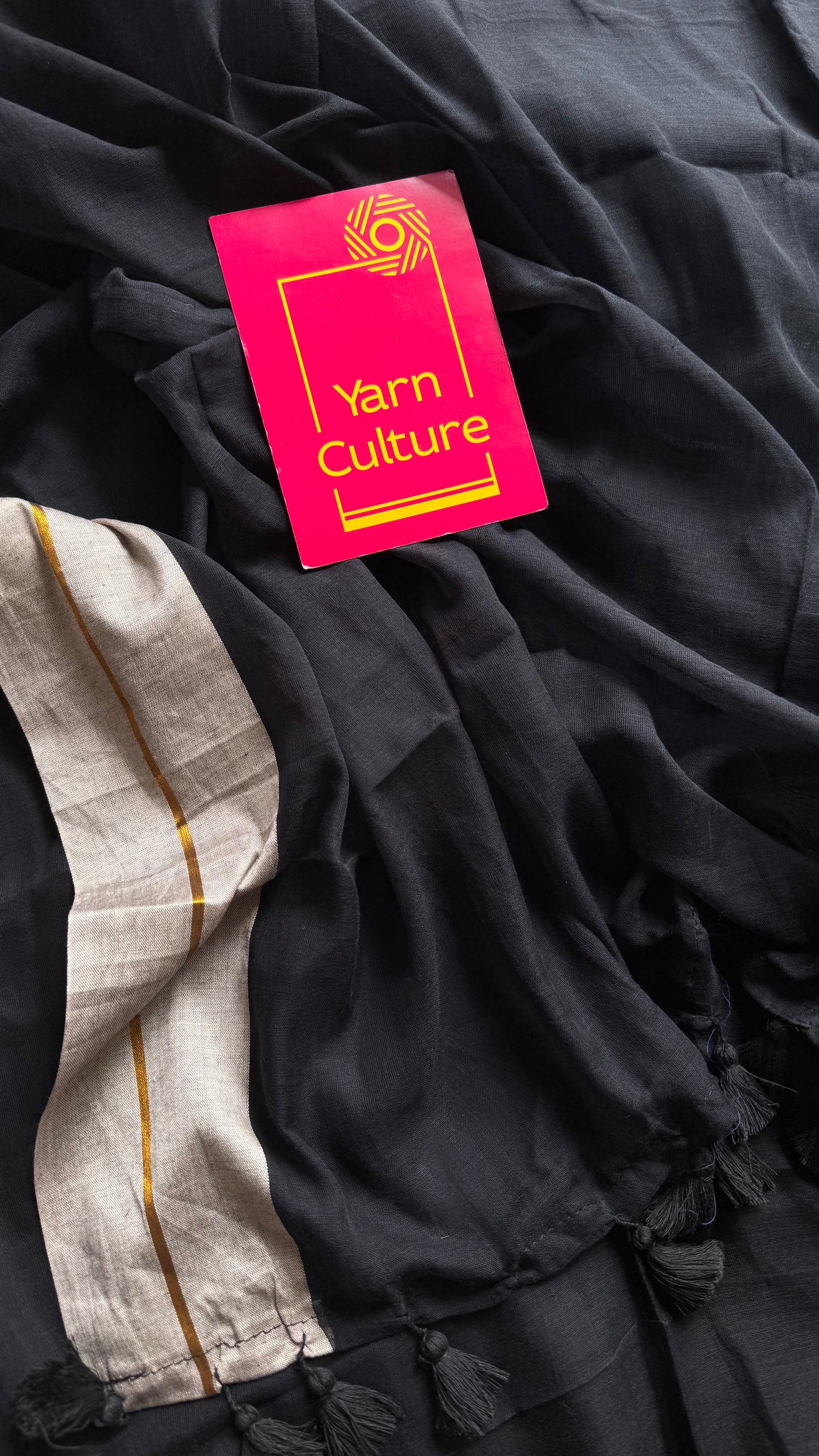 Black with grey border mul, thin antique gold zari gap border - YCBCMCLSE43