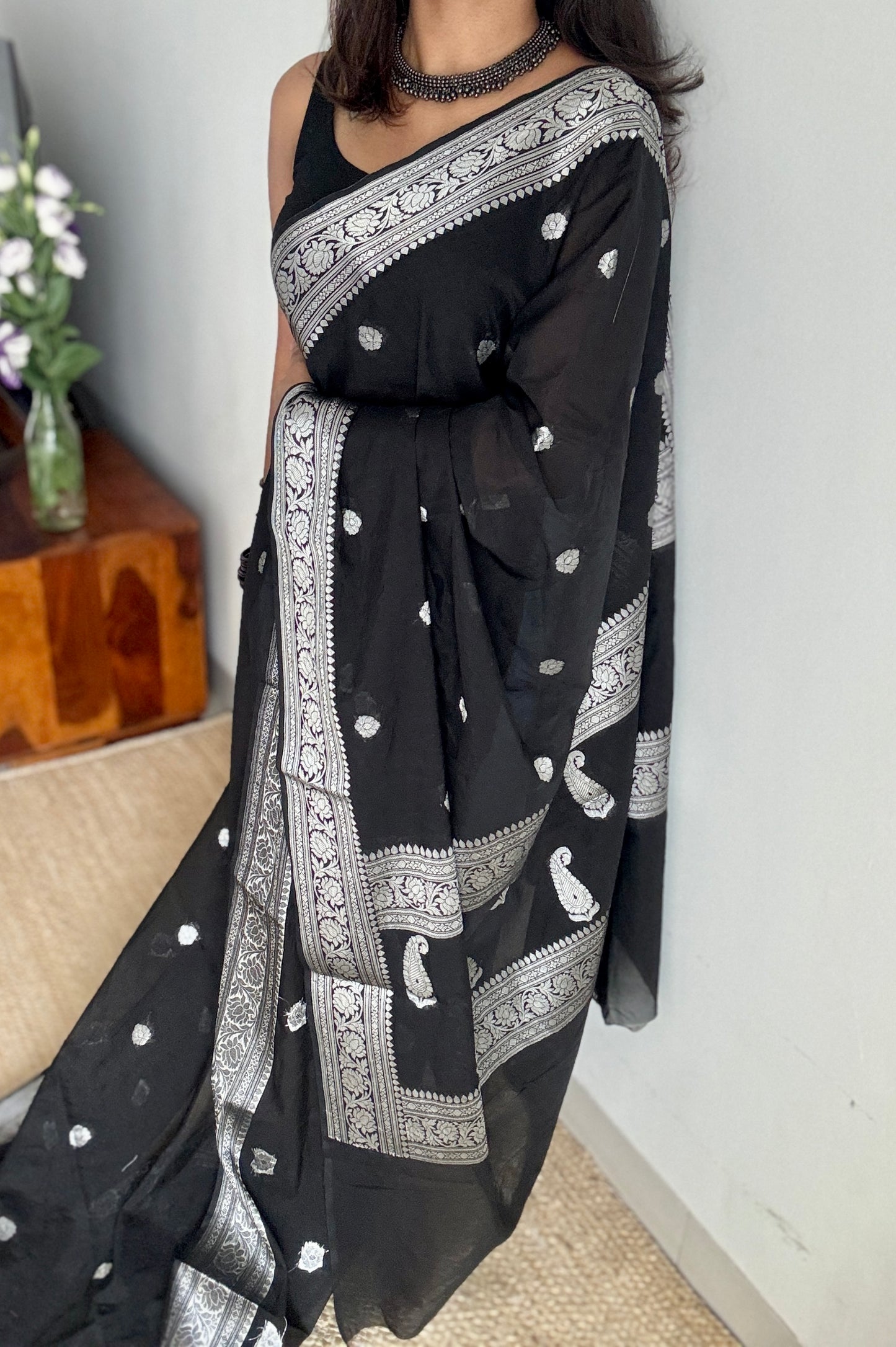 Black silver zari, Banarasi semi chiffon