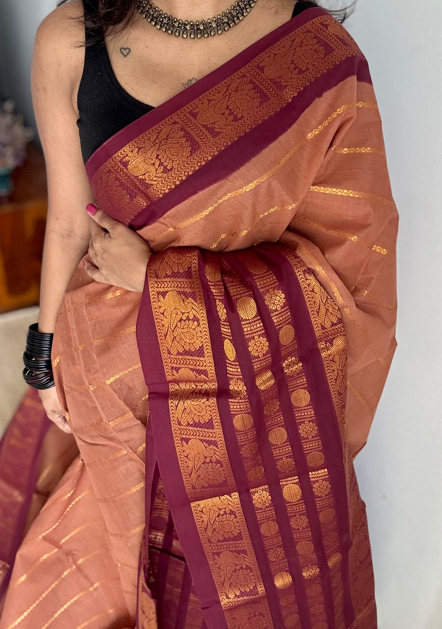 Light brown with maroon, peacock rudraksham motif, single side broad zari - madurai kattuchayam dyed - YCCOTNAUS33