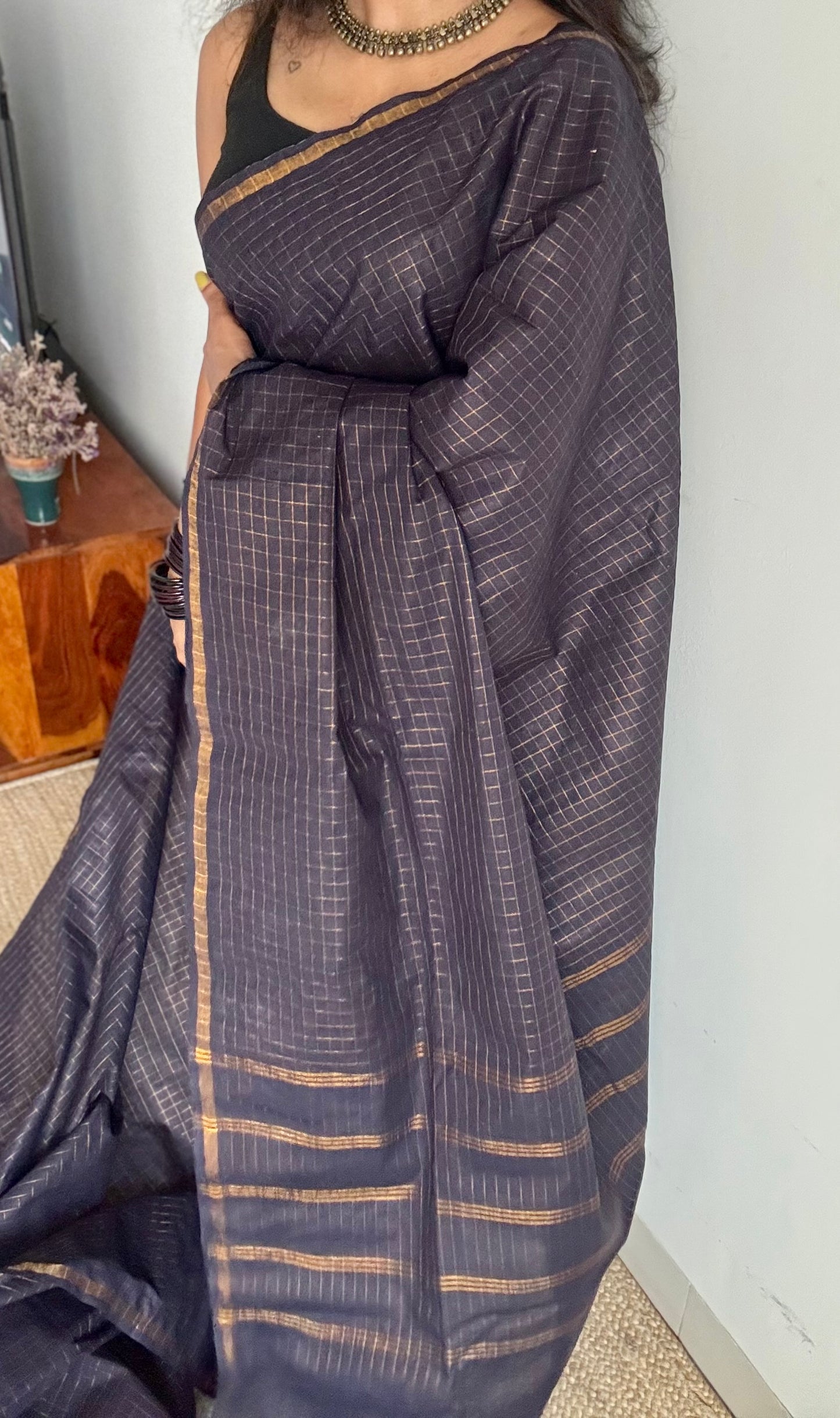 Black mini kattam sungudi, madurai cotton - YCCOTNSEMS24