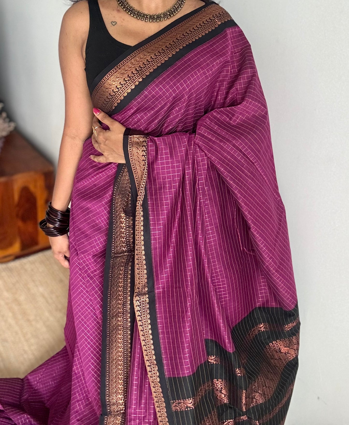 Dark pink with black, checks - cotton silk - YCCOTNOCKCS11