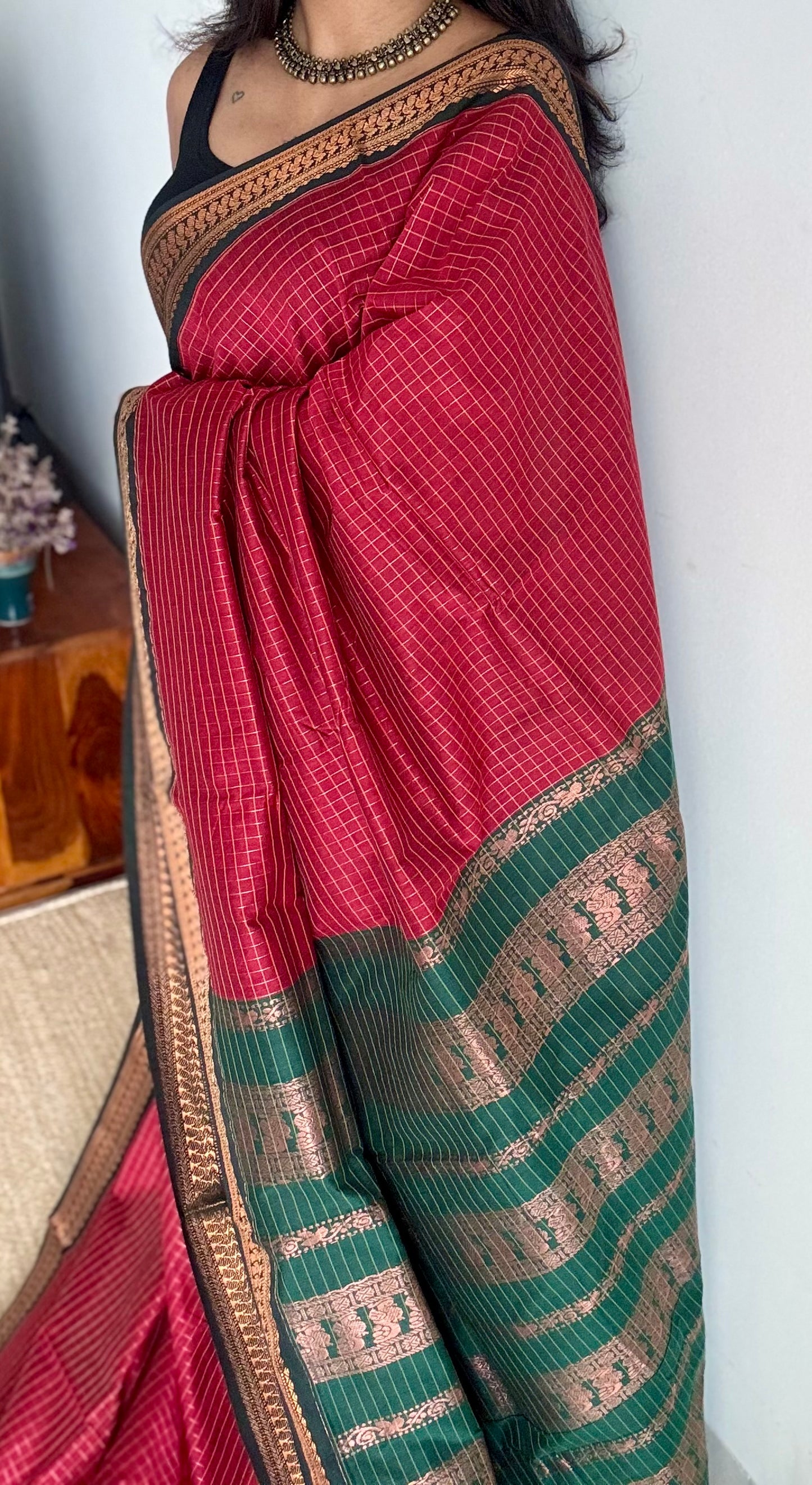 Red with dark green, checks - cotton silk - YCCOTNSEKCS10