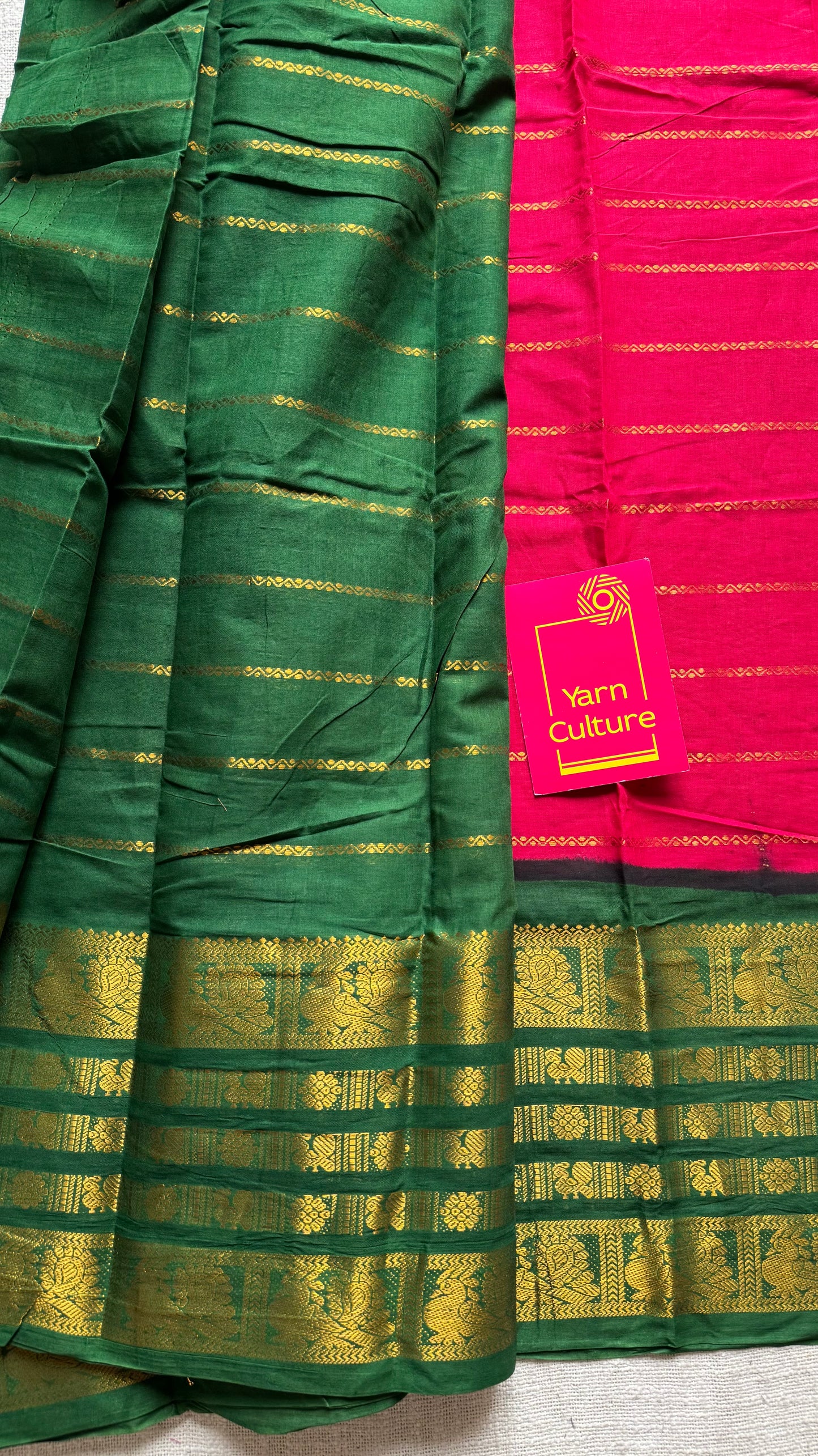 Reddish pink with green, peacock rudraksham motif, single side broad zari - madurai kattuchayam dyed -YCCOTNAURS19