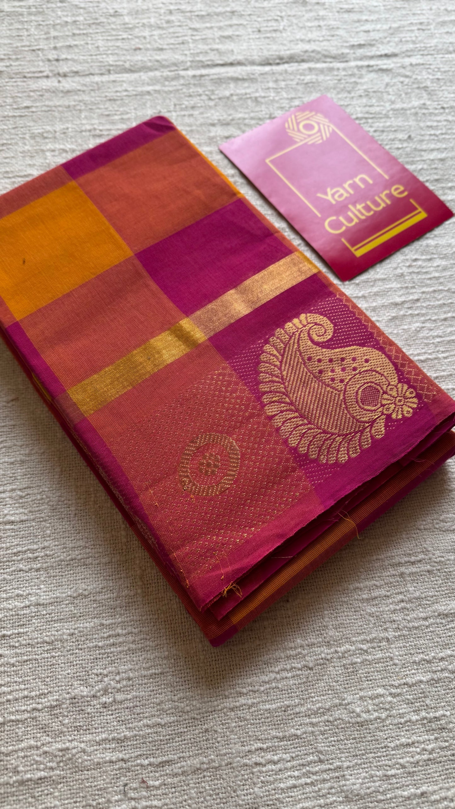 Chettinad cotton saree with yellow and pink checks, paisley motif border - YCCOTNAP66