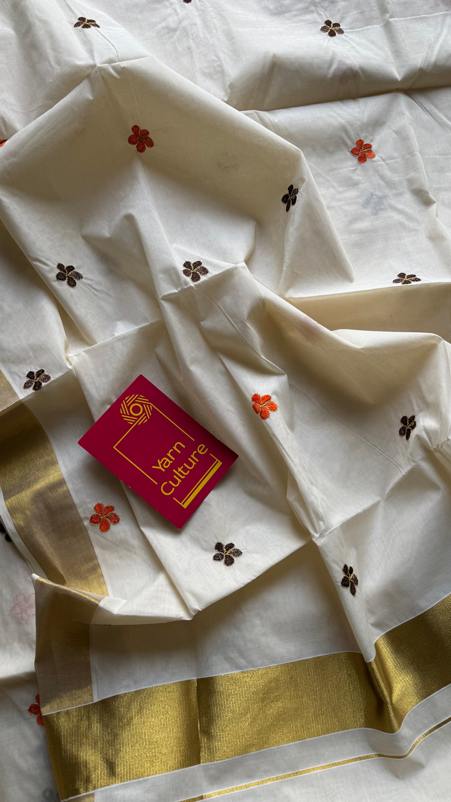 Ivory and gold saree with brown and orange floral embroidery - YCIEKCFE311