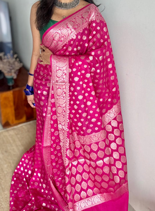 Hot pink, silver buttas and zari, Banarasi semi-silk - YCDESE42