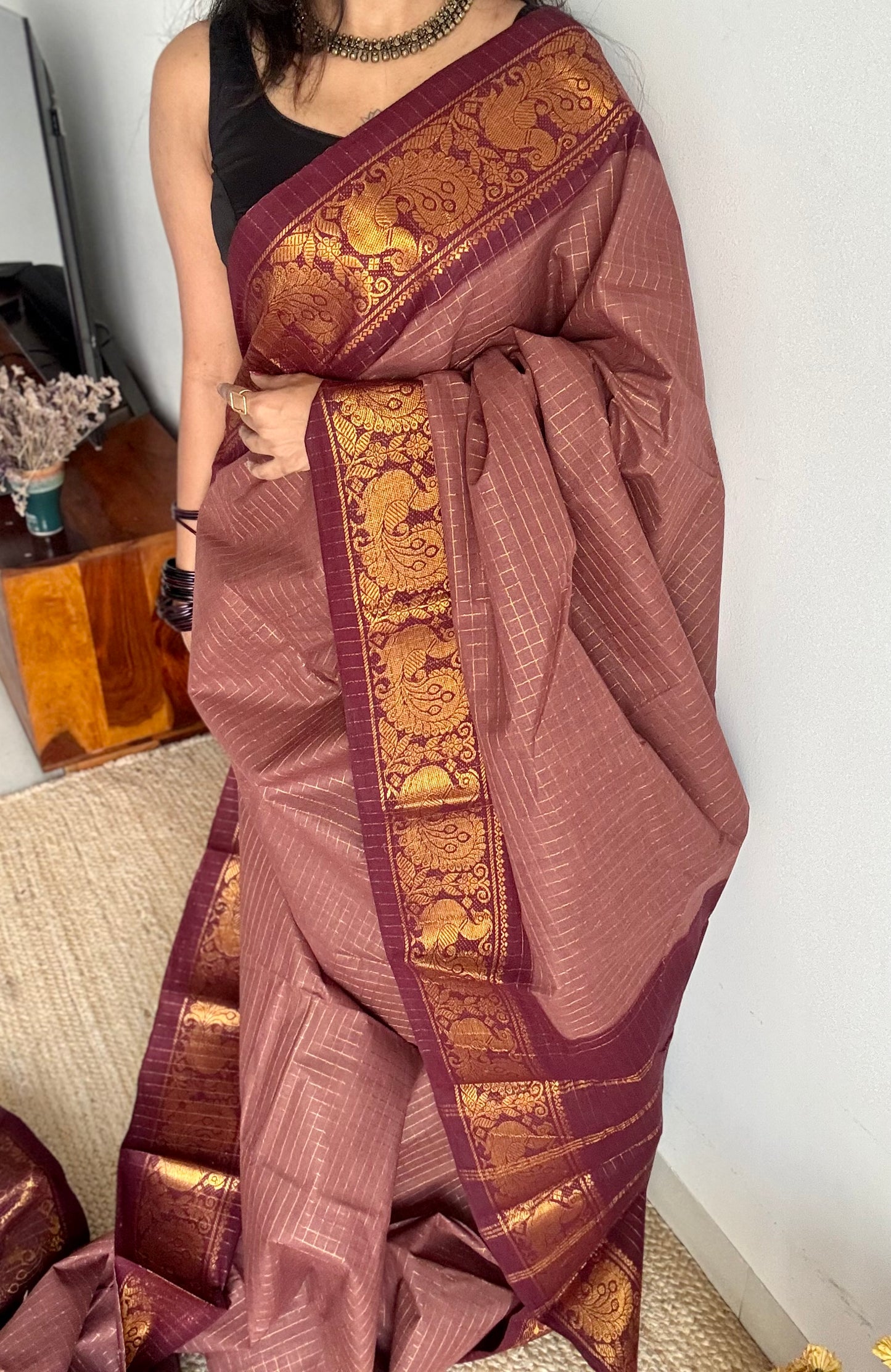 Light brown with maroon sungudi, madurai cotton - YCCOTNOCSC19