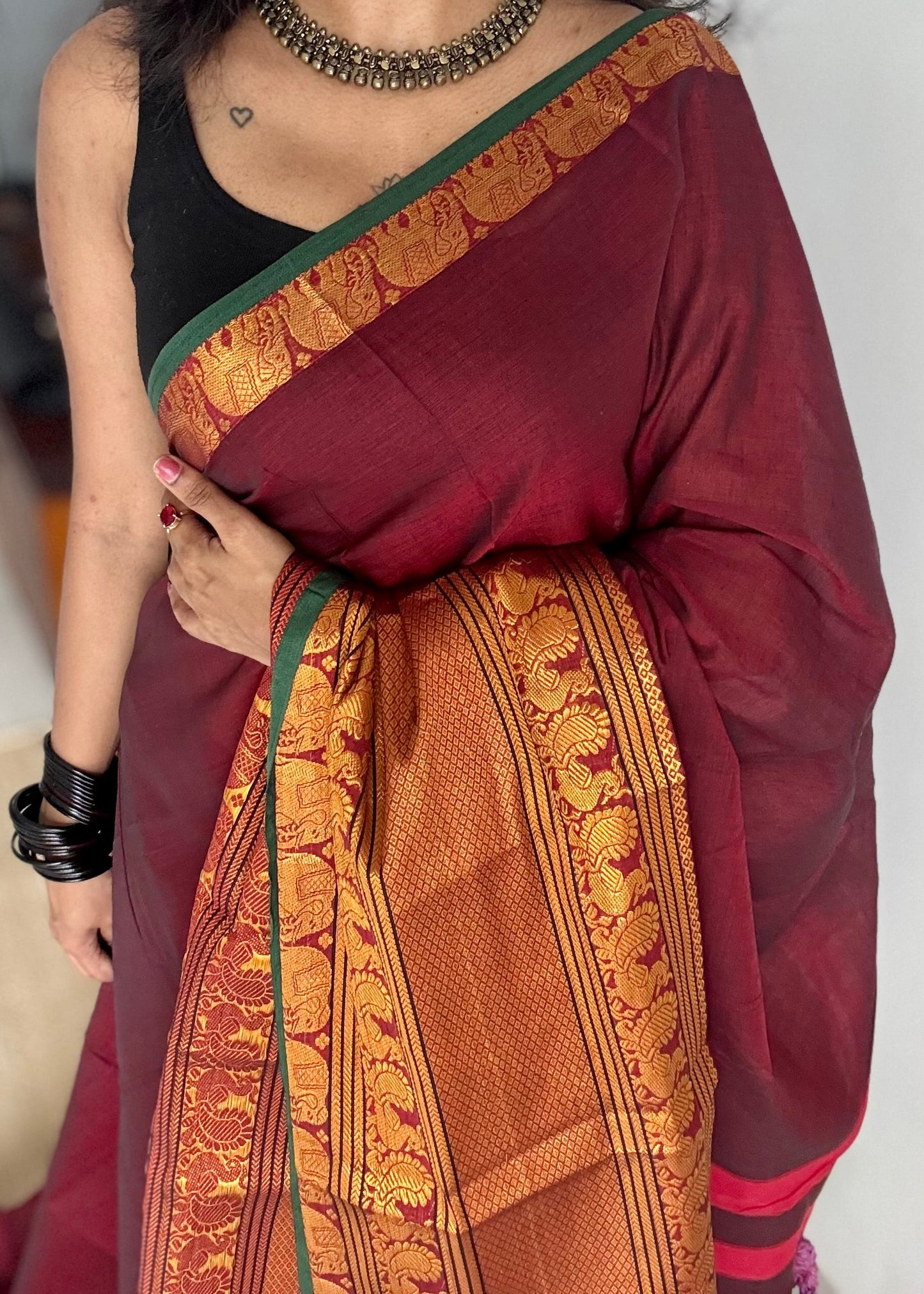Maroon with broad zari border, premium narayanpet, soft cotton - YCWOTDFEBB09