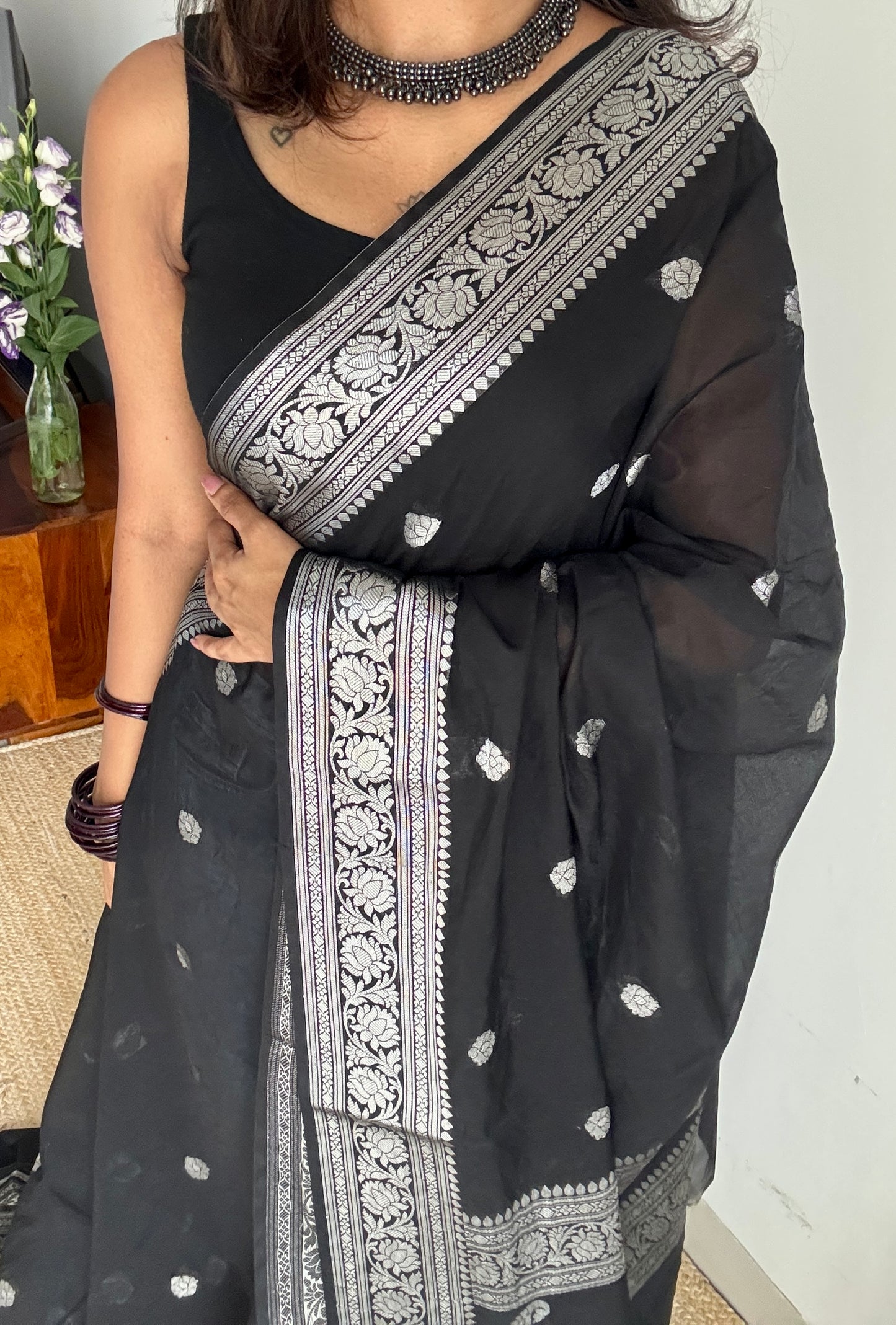 Black silver zari, Banarasi semi chiffon