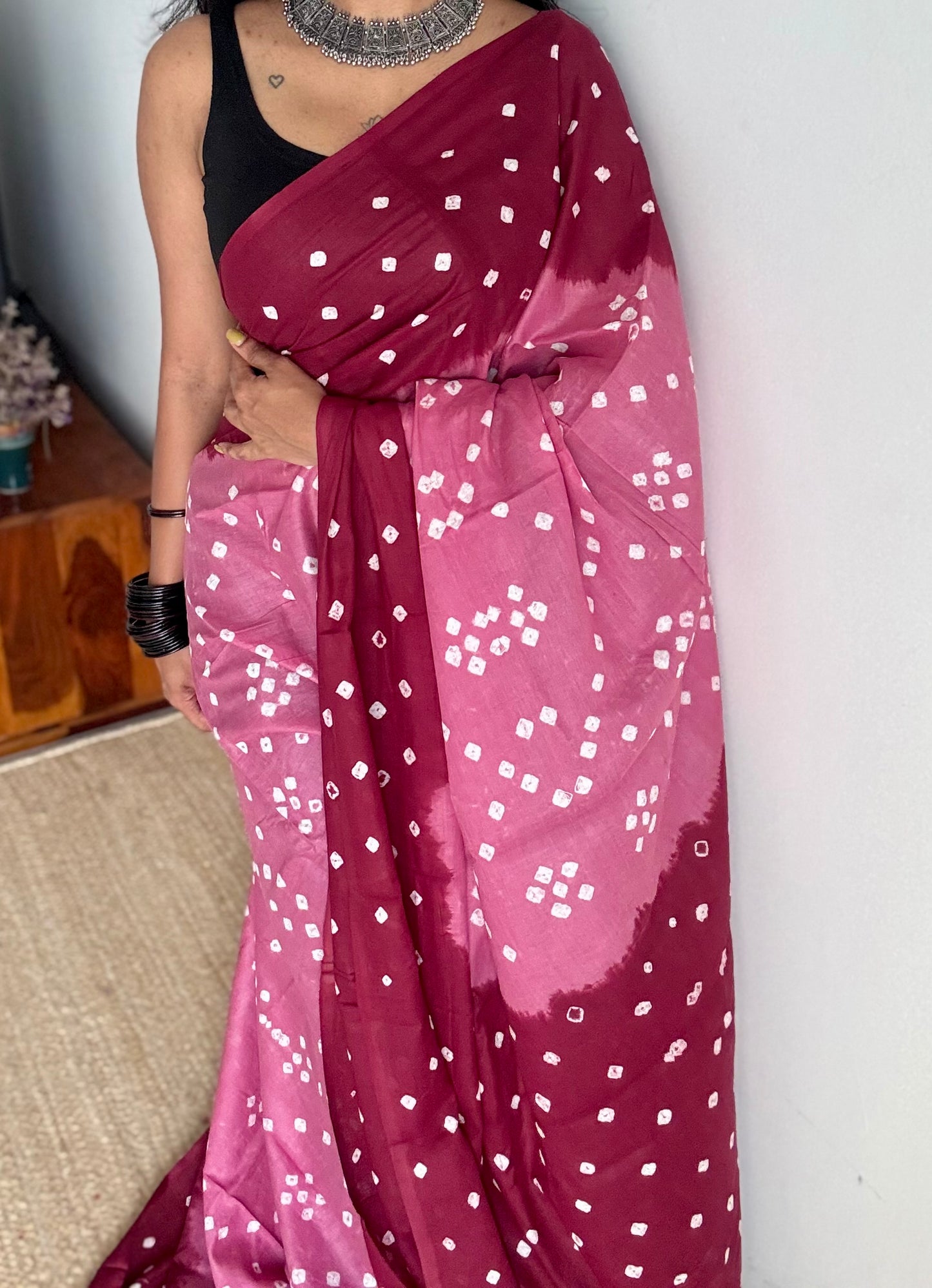 Pink with maroon Sungudi/Bandhani, soft cotton - YCCOTNSEMS79
