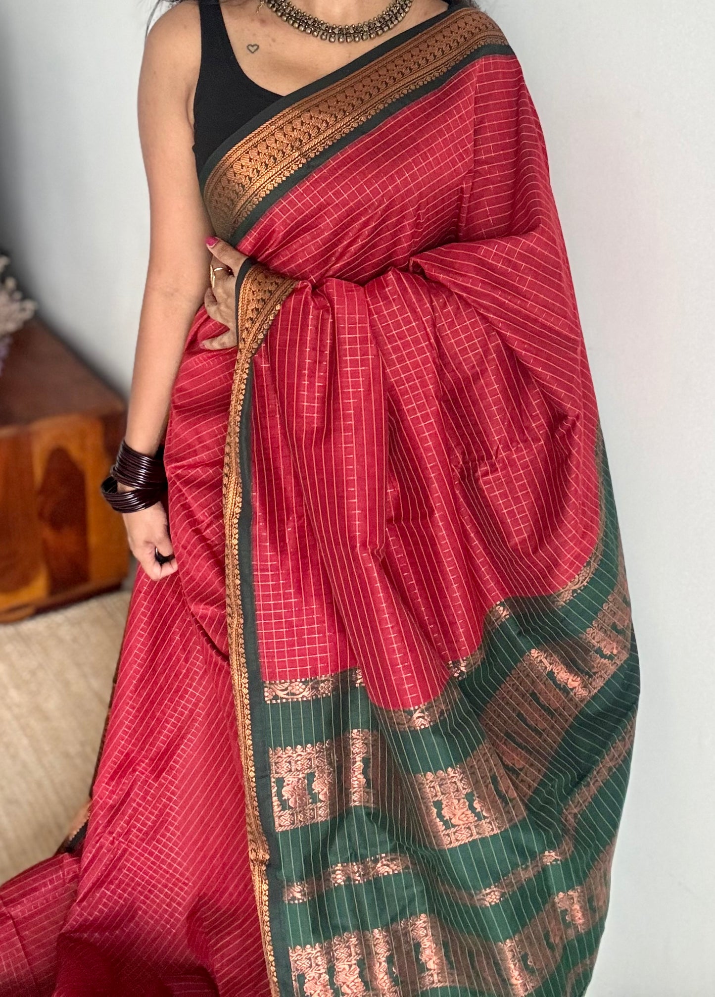 Dark red with dark green, checks - cotton silk - YCCOTNOCKCS12