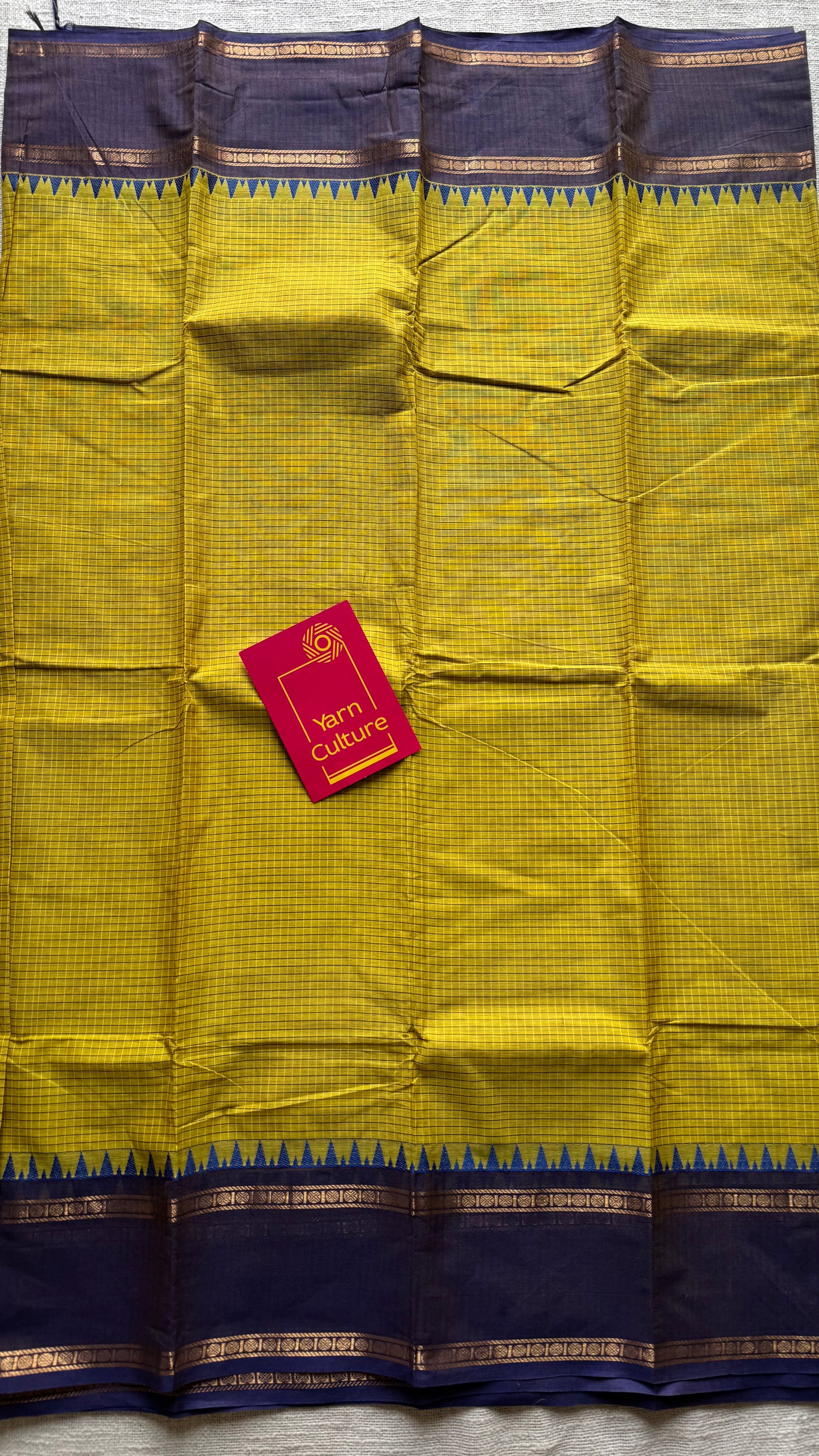 Ginger green with deep purple border, temple motifs, checkered body, kanchi cotton - YCCOTNOCKC28