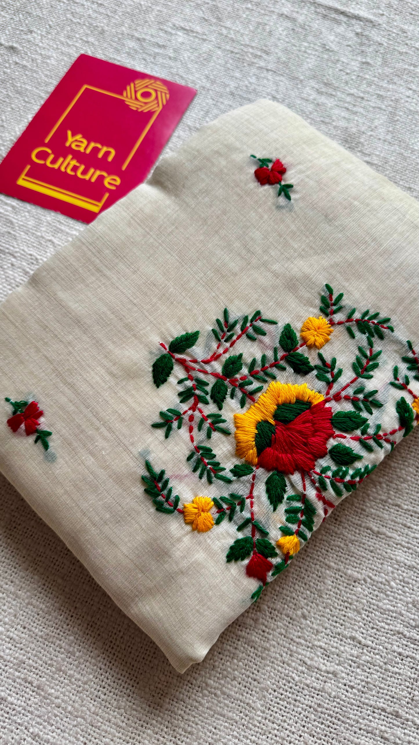 Ivory maheshwari cotton silk blend with red and yellow floral kantha threadwork - YCBLAUMK12