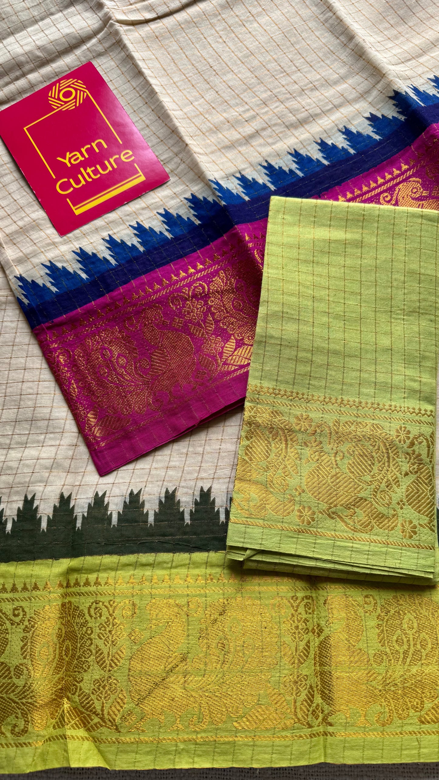 Magenta - bright green sungudi cotton checks, sandal colour base, soft cotton - YCCOTNJSUN07