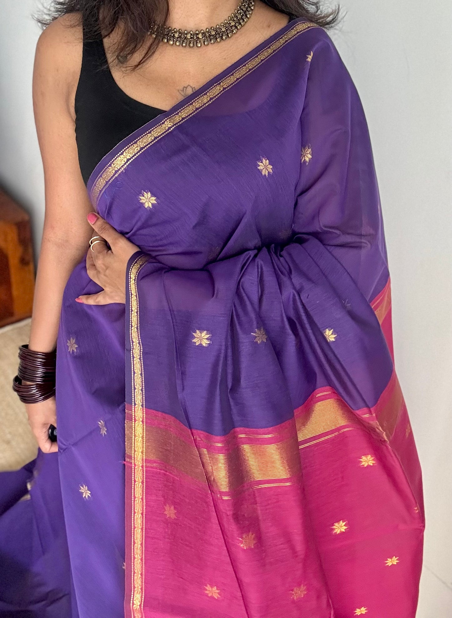 Purple with dark pink, gold buttas, semi maheshwari cotton silk - YCCOTNFEJUSM03