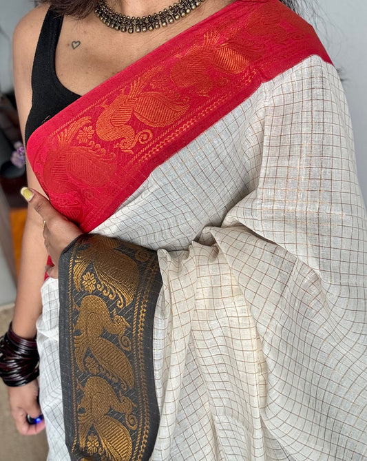 Sungudi cotton checks, ivory gold base, red and black dual tone border, soft cotton - YCCOTNGJJA159