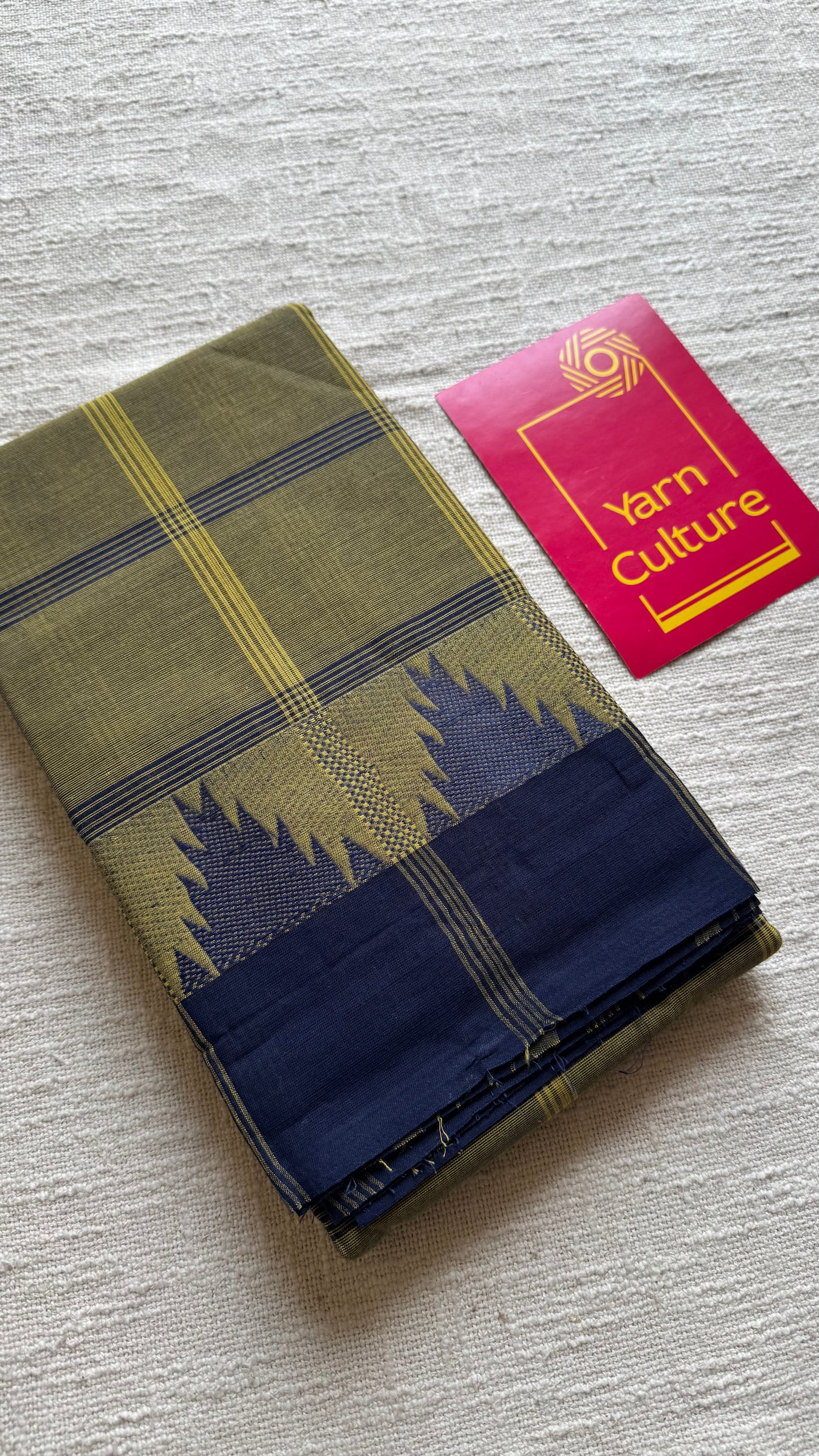 Chettinad cotton saree with olive green and navy checks, temple motif border - YCCOTNAP67