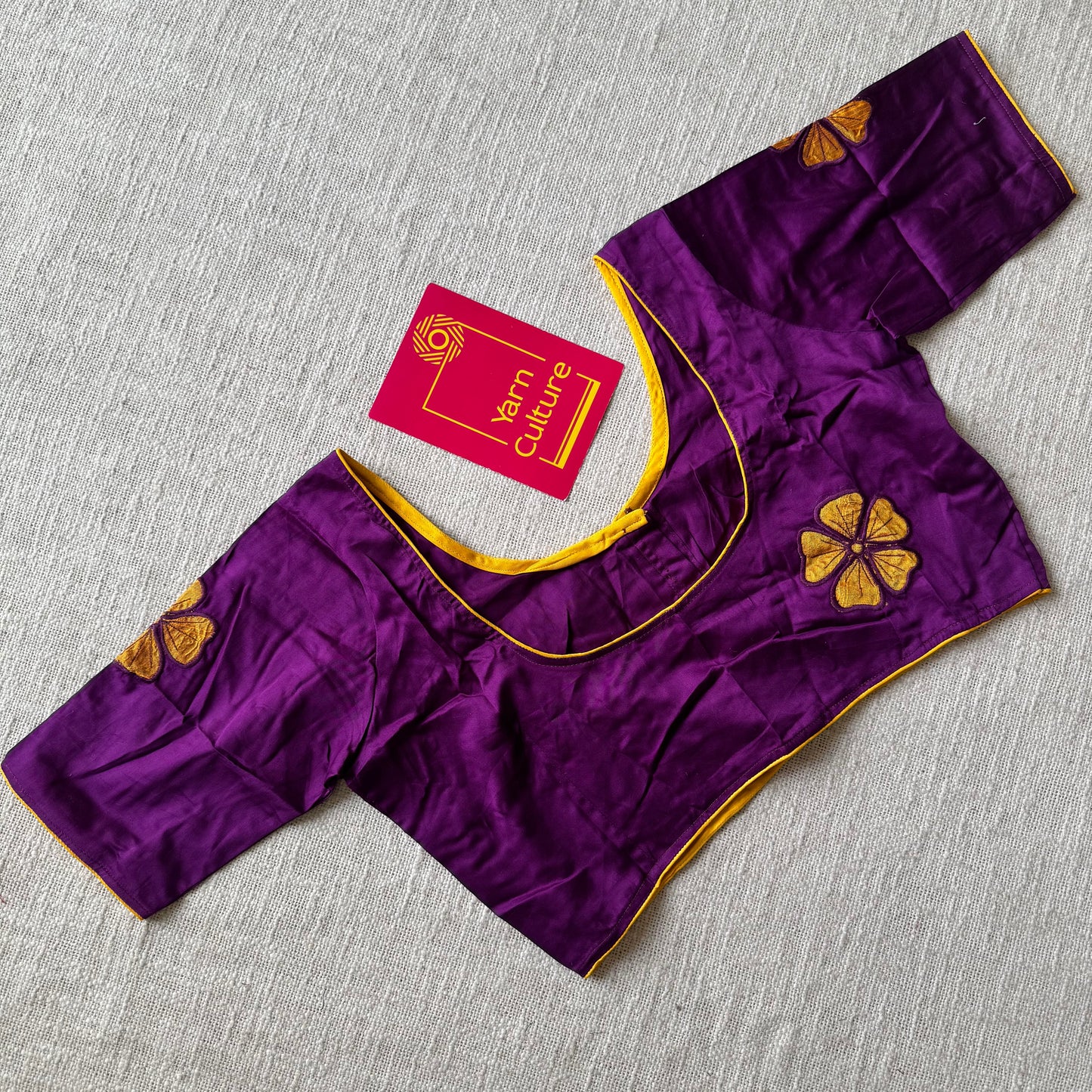Purple with yellow floral embroidery, cotton silk, size 36 (alterable from 34-40), readymade blouse - YCBLAU02