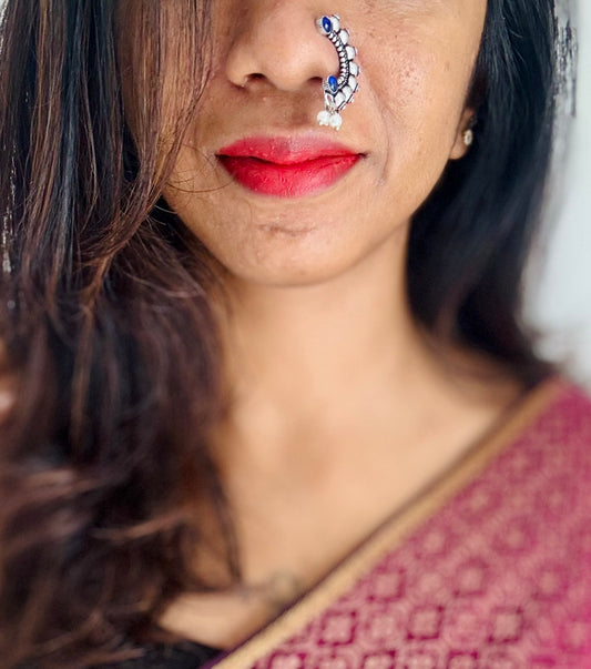 Oxidised silver, blue stone, clip on Maharashtrian nath - YCOSNC197