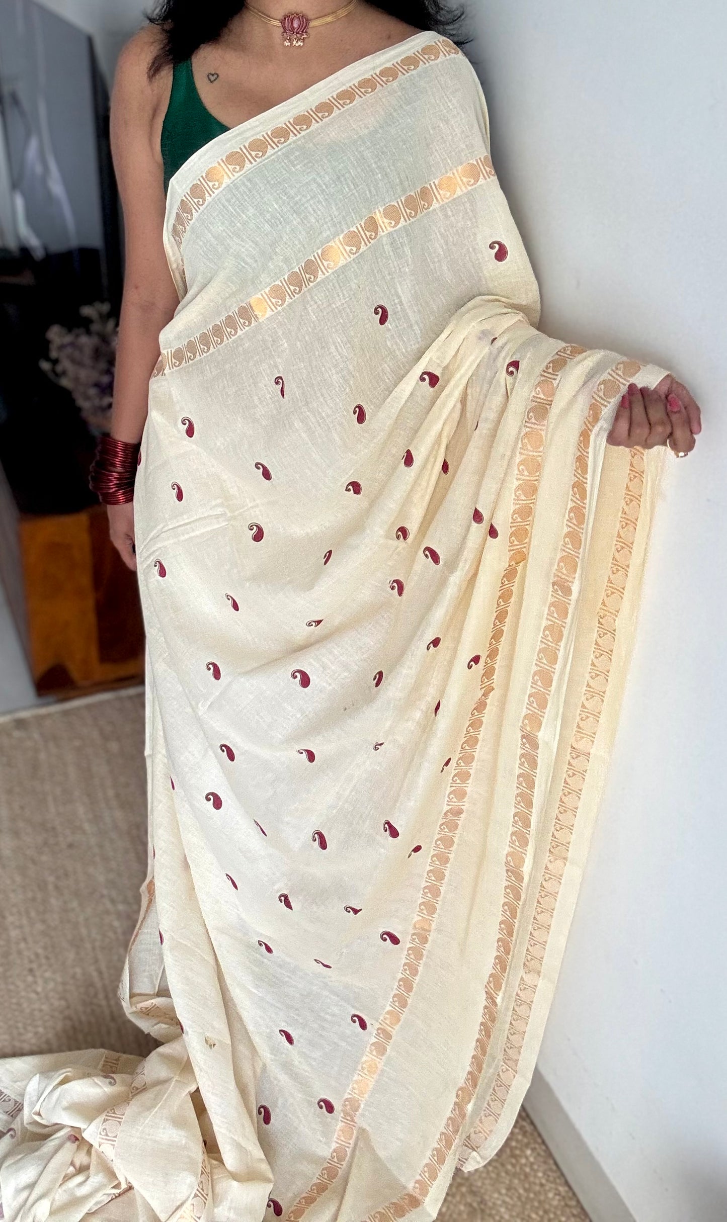 Ivory and Gold with paisley motif block printed buttas, zari border, soft Madurai cotton - YCON25MC268