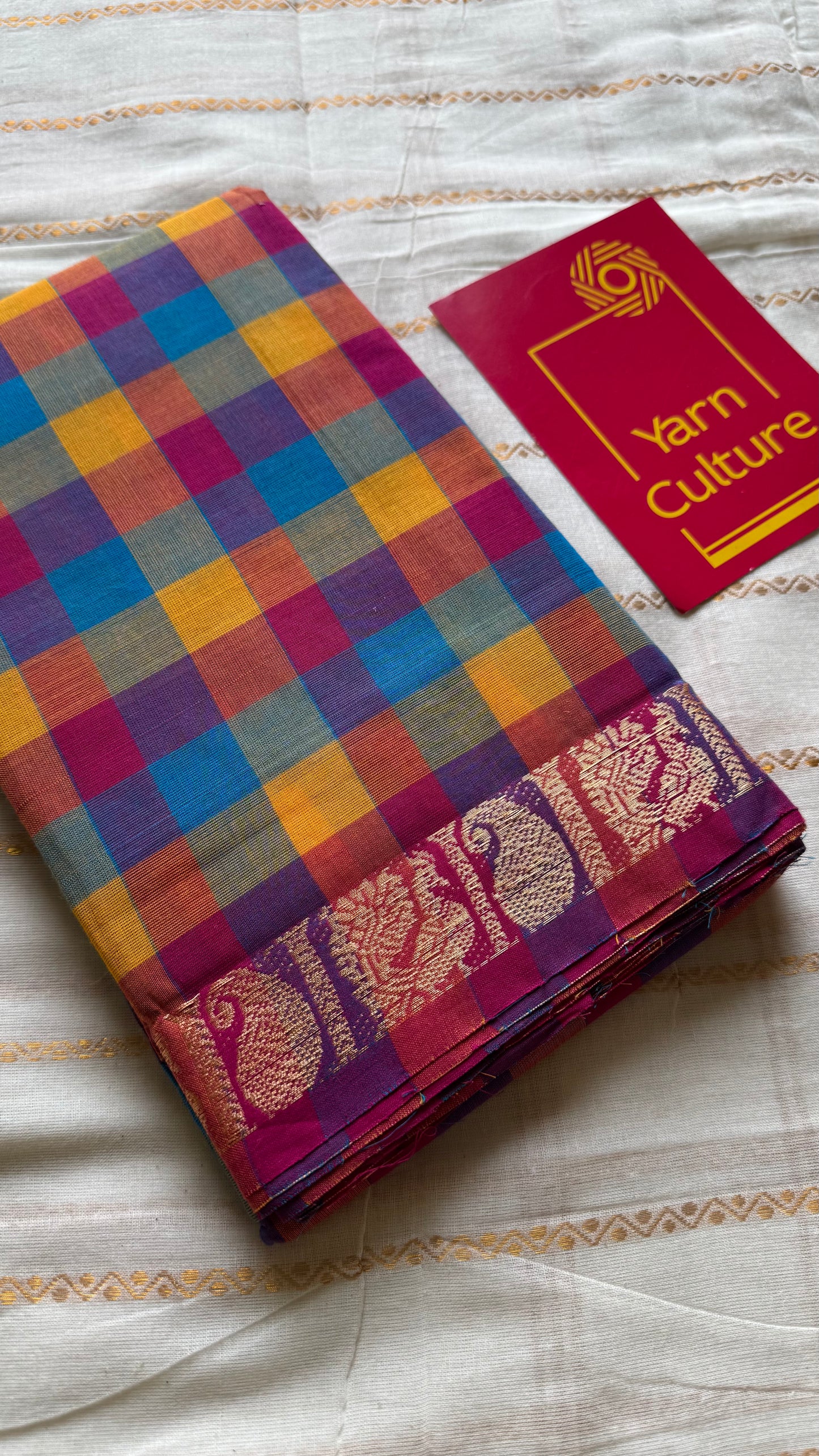 Multicolour Chettinad cotton saree with Paalum Pazhamum checks (pink, blue, orange, yellow)- YCCOTNJUCC01