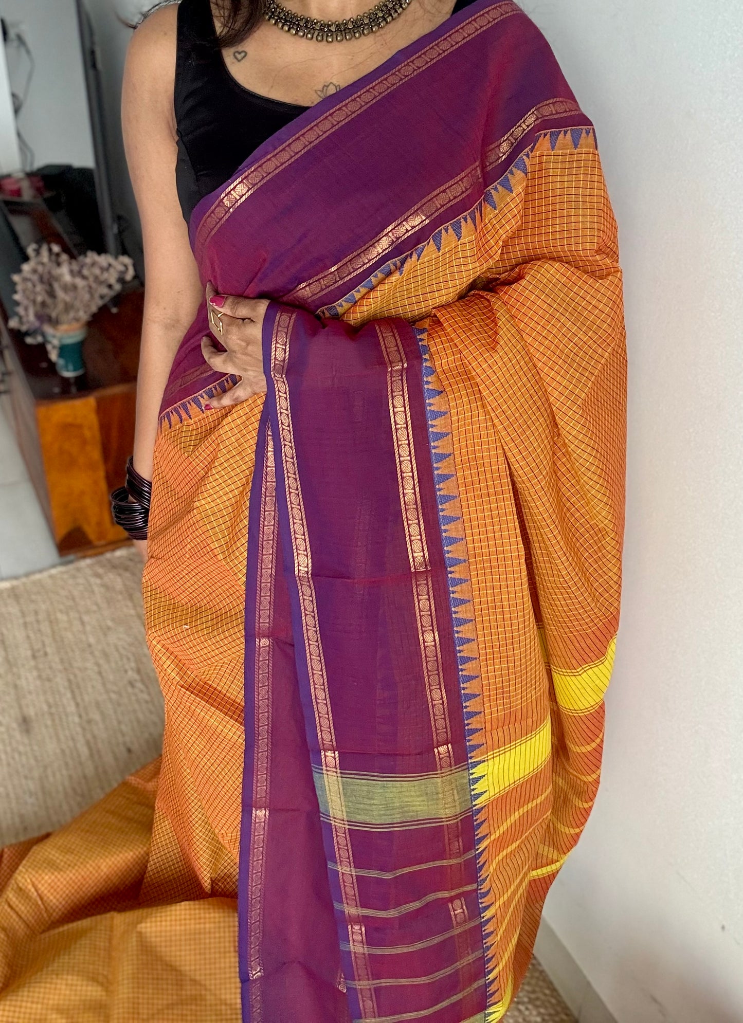 Orange with purple border, temple motifs, checkered body, kanchi cotton - YCCOTNOCKC26
