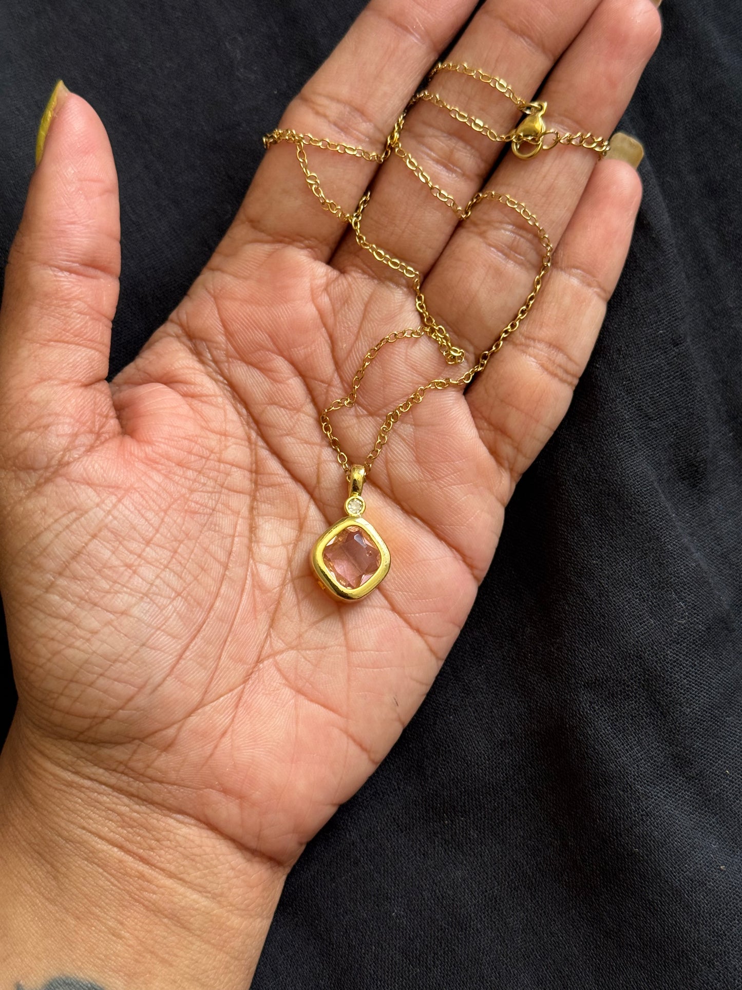 Gold plated chain, pink stone pendant - YCGPC245