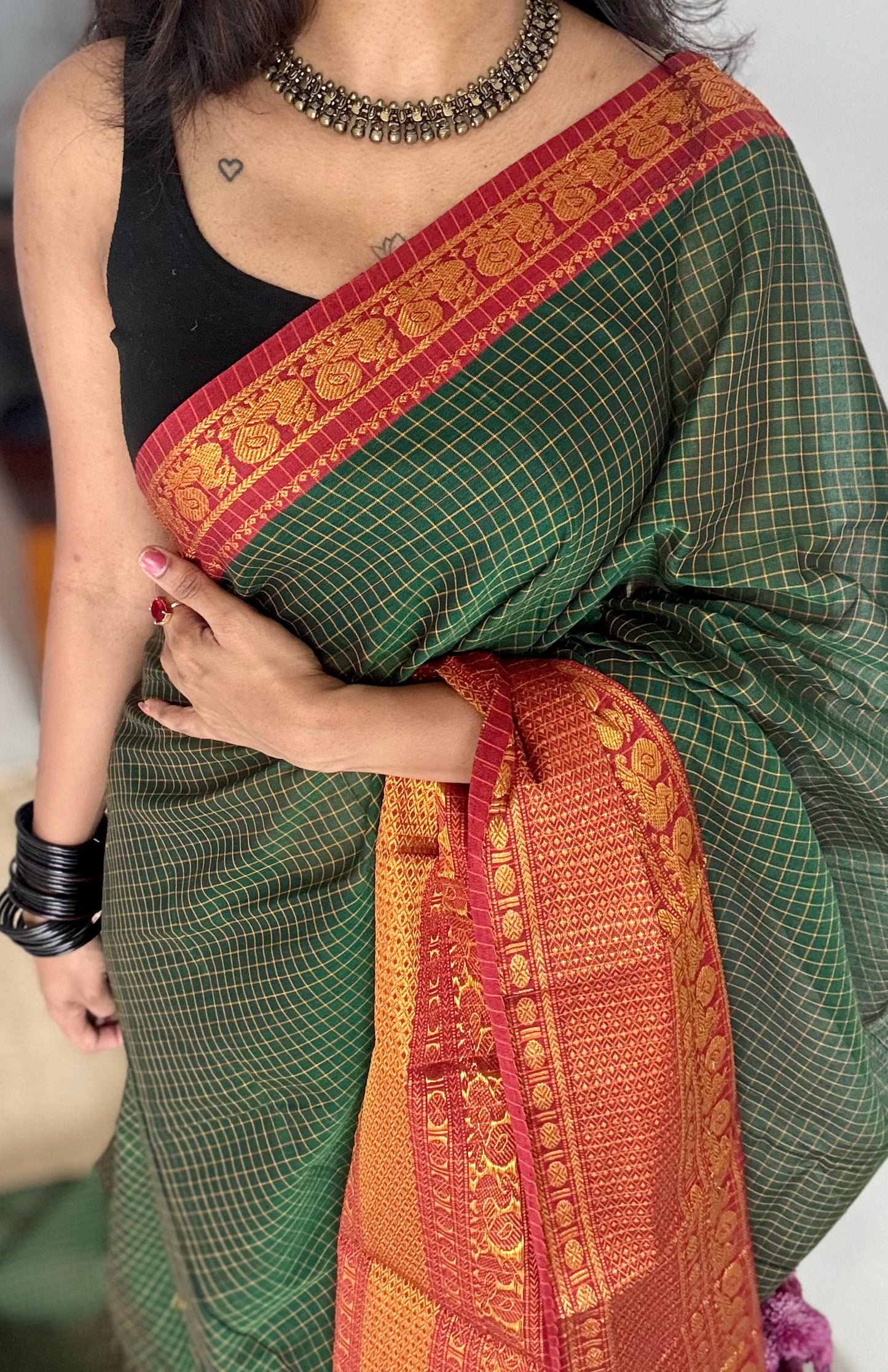 Dark green checks with zari border, premium narayanpet, soft cotton - YCWOTDFEBB12