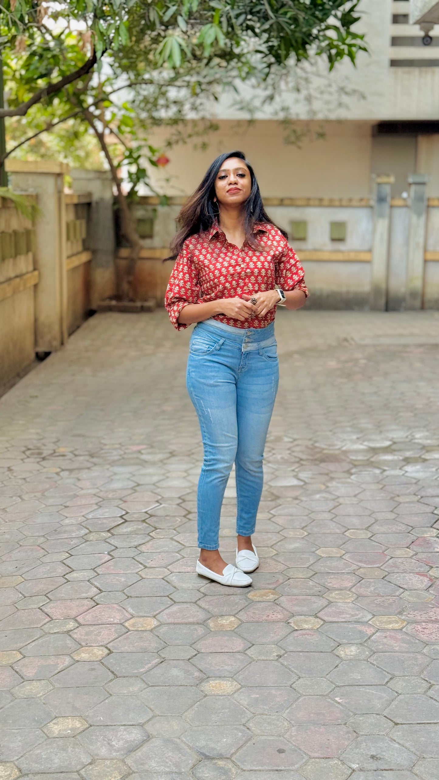 Rusty Charm - blockprinted cotton stitched shirt, collared neck, full sleeves - YCSEBPSJA222