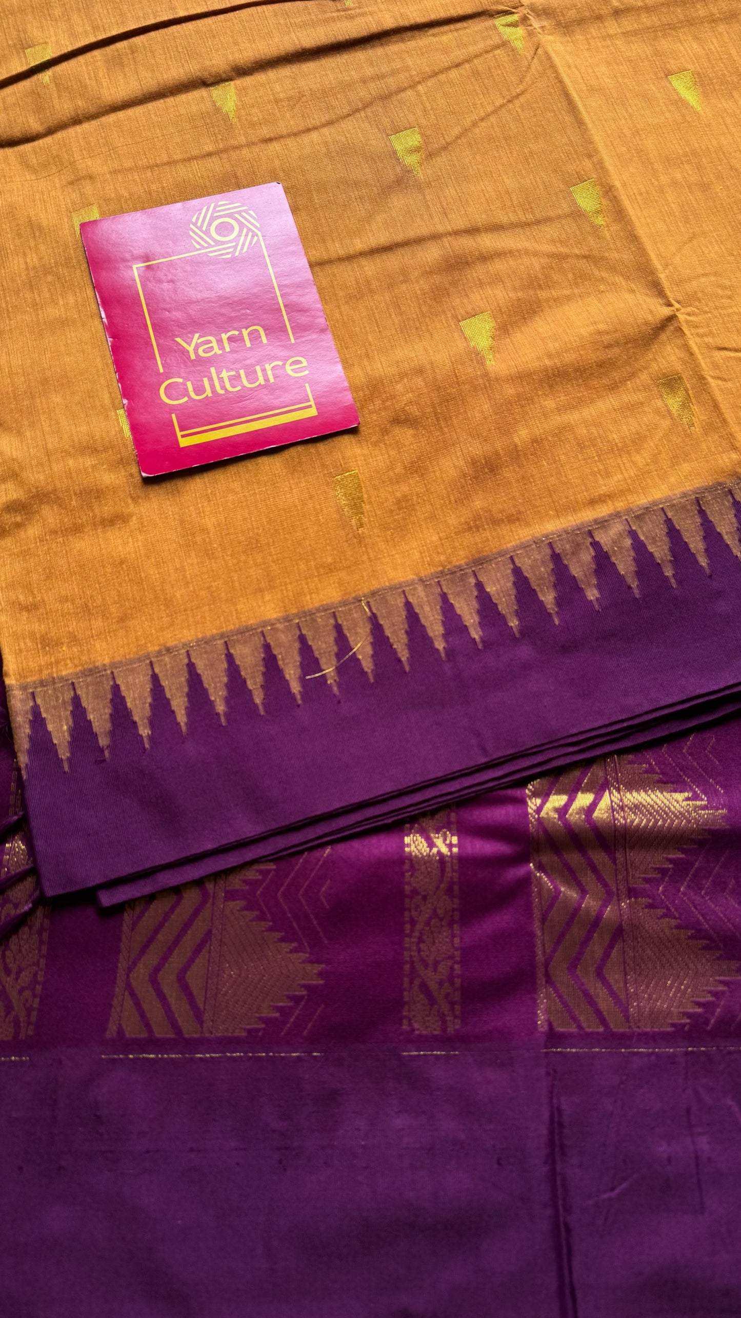 Yellow with purple pink temple border, motifs - cotton silk - YCCOTNSEKCS17