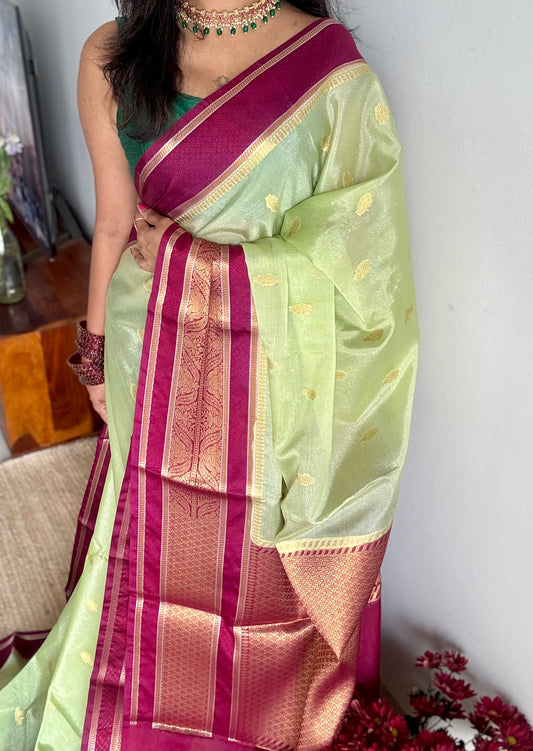 Pista green with maroon border, Banarasi semi-silk - YCDESE05