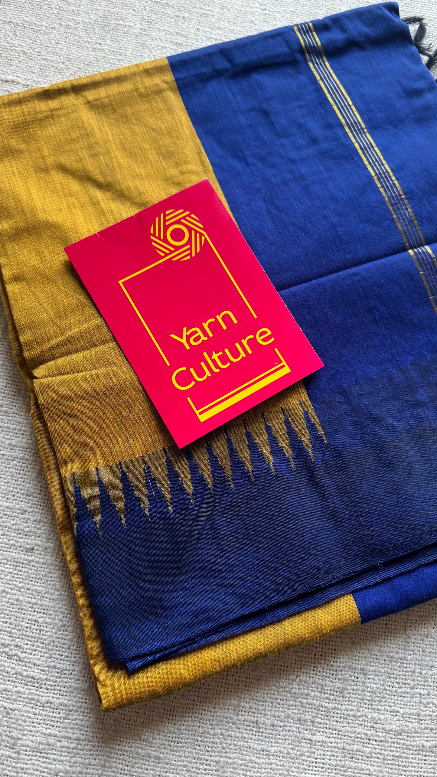Turmeric yellow with blue contrast, temple border saree, cotton silk - YCCOTNTBFE57