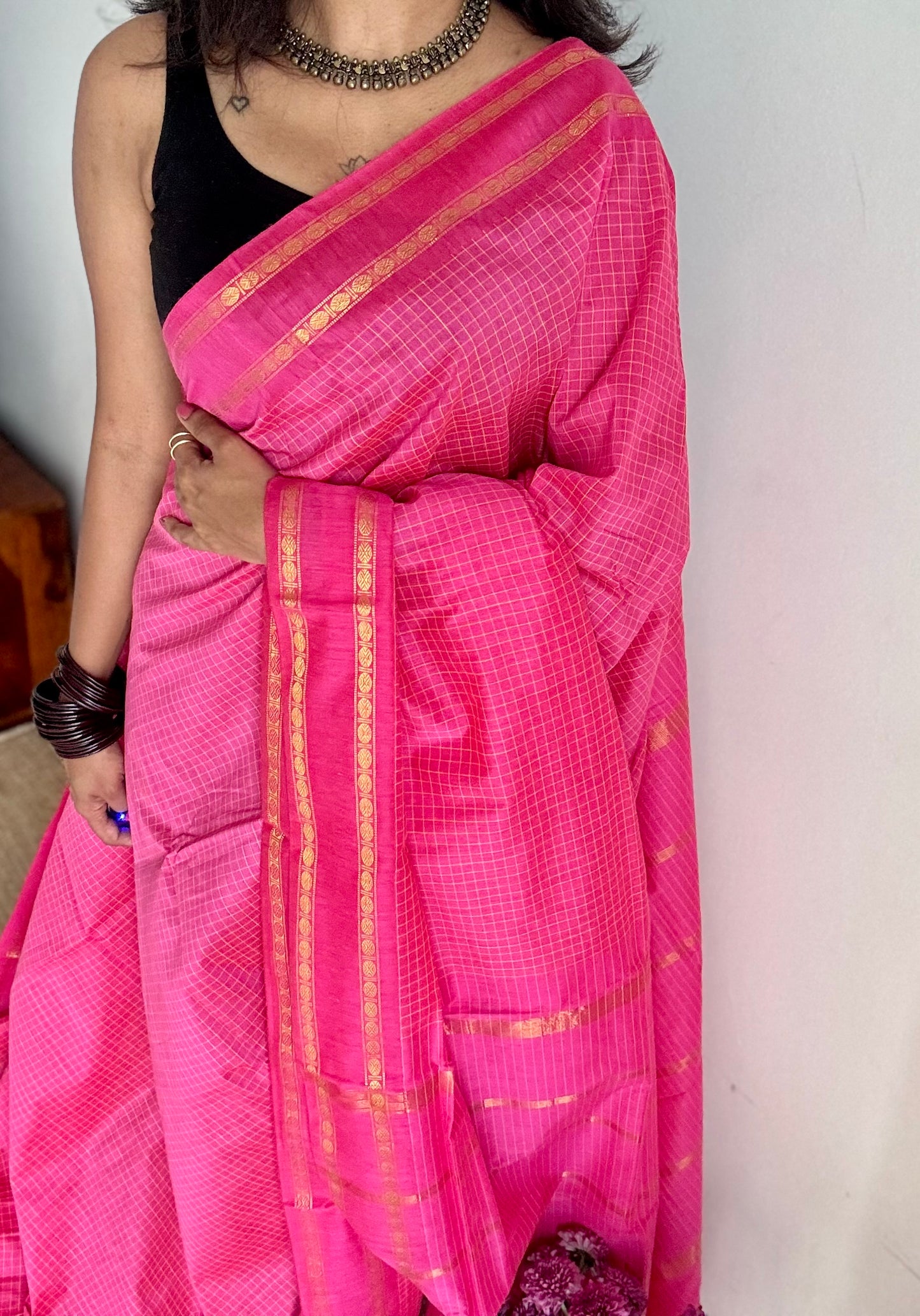 Hot pink, arani checks, cotton silk - YCCOTNJUAR07